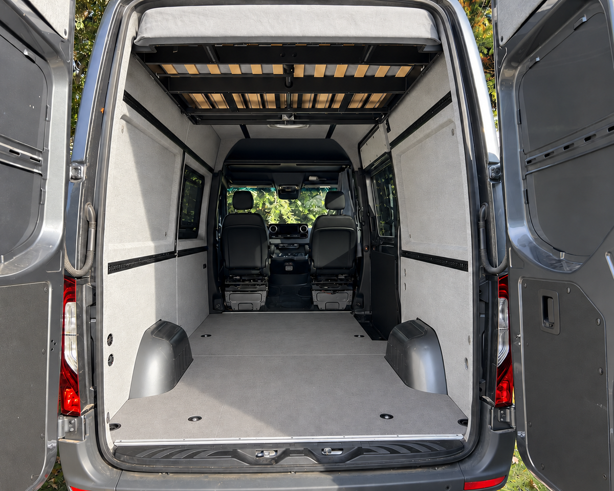 Sprinter interior conversion kit seen through open rear doors