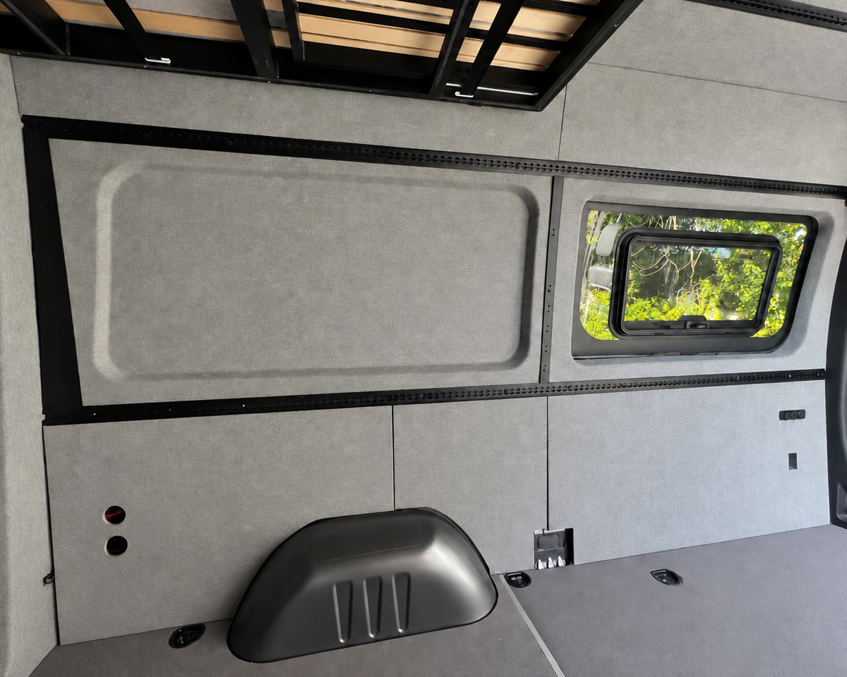 Sprinter side wall panel with window opening and L-Track framing