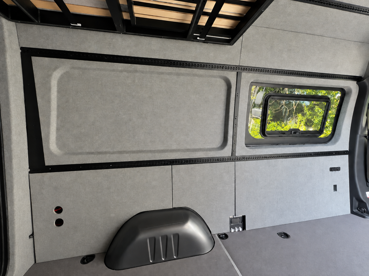 Sprinter side wall panel with window opening and L-Track framing