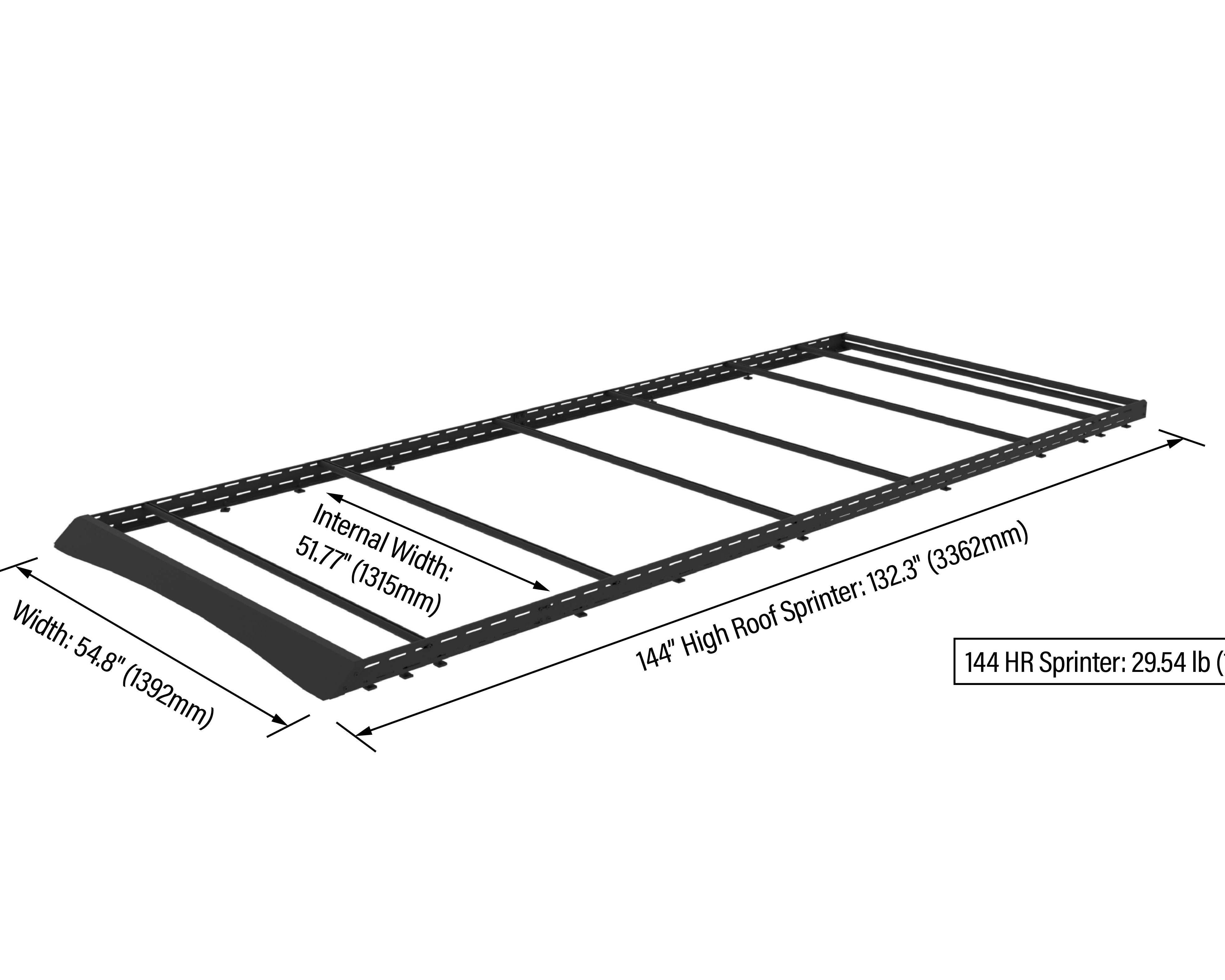 2007+ Mercedes Sprinter All Purpose Roof Rack 144 High Roof Rendered With Dimensions Annotated