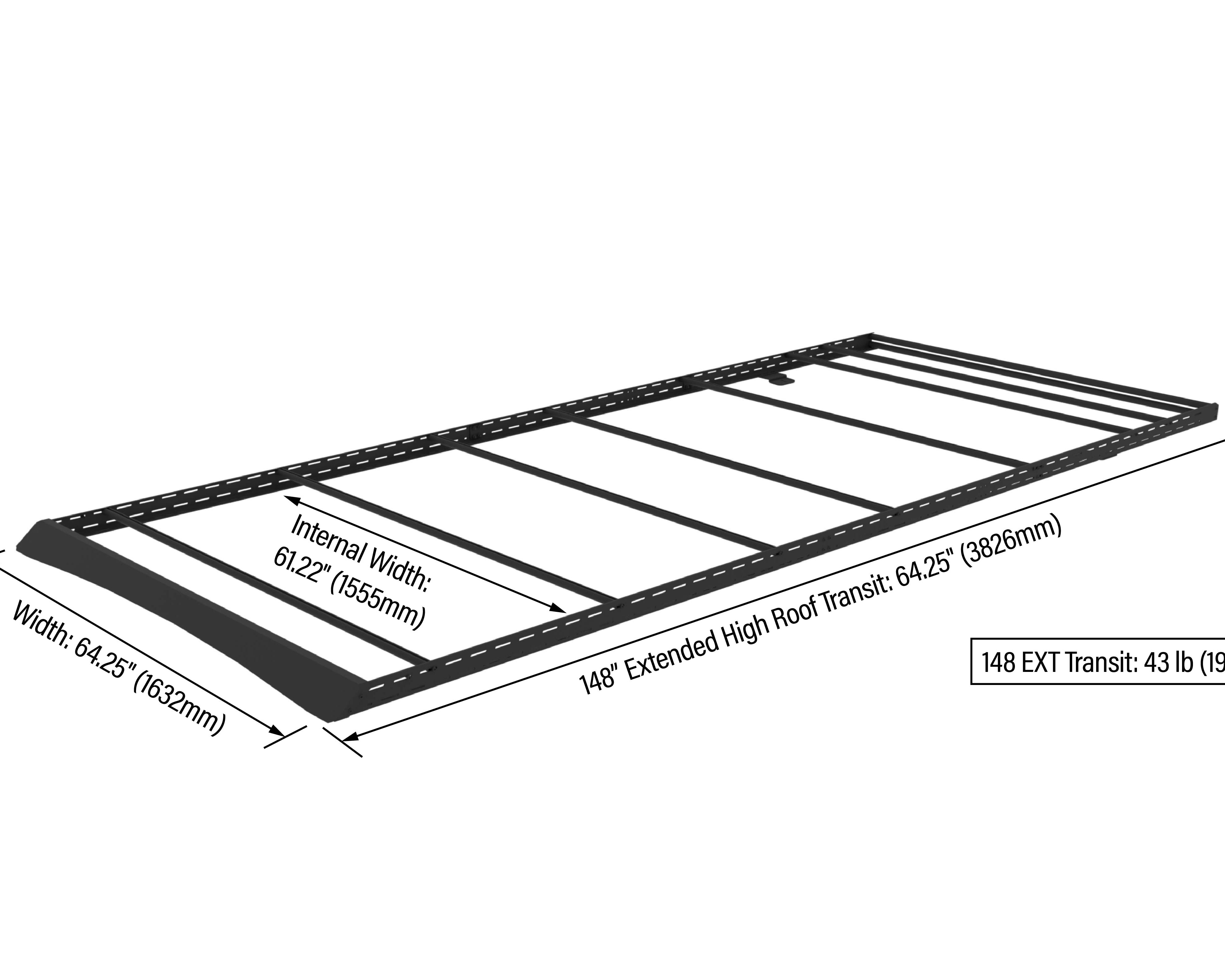 2015+ Ford Transit All Purpose Roof Rack 148 Extended High Roof Rendered With Dimensions Annotated