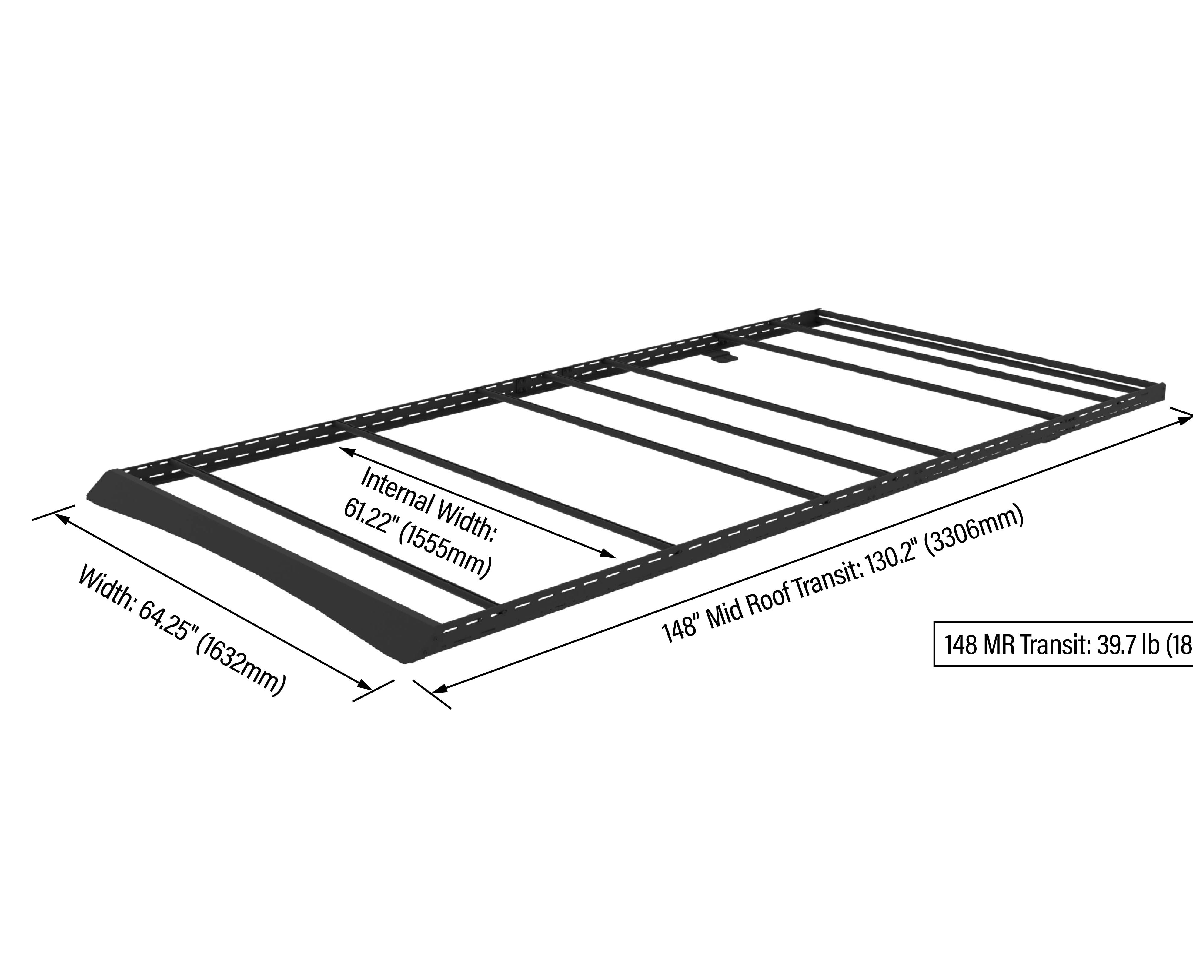 2015+ Ford Transit All Purpose Roof Rack 148 Mid Roof Rendered With Dimensions Annotated
