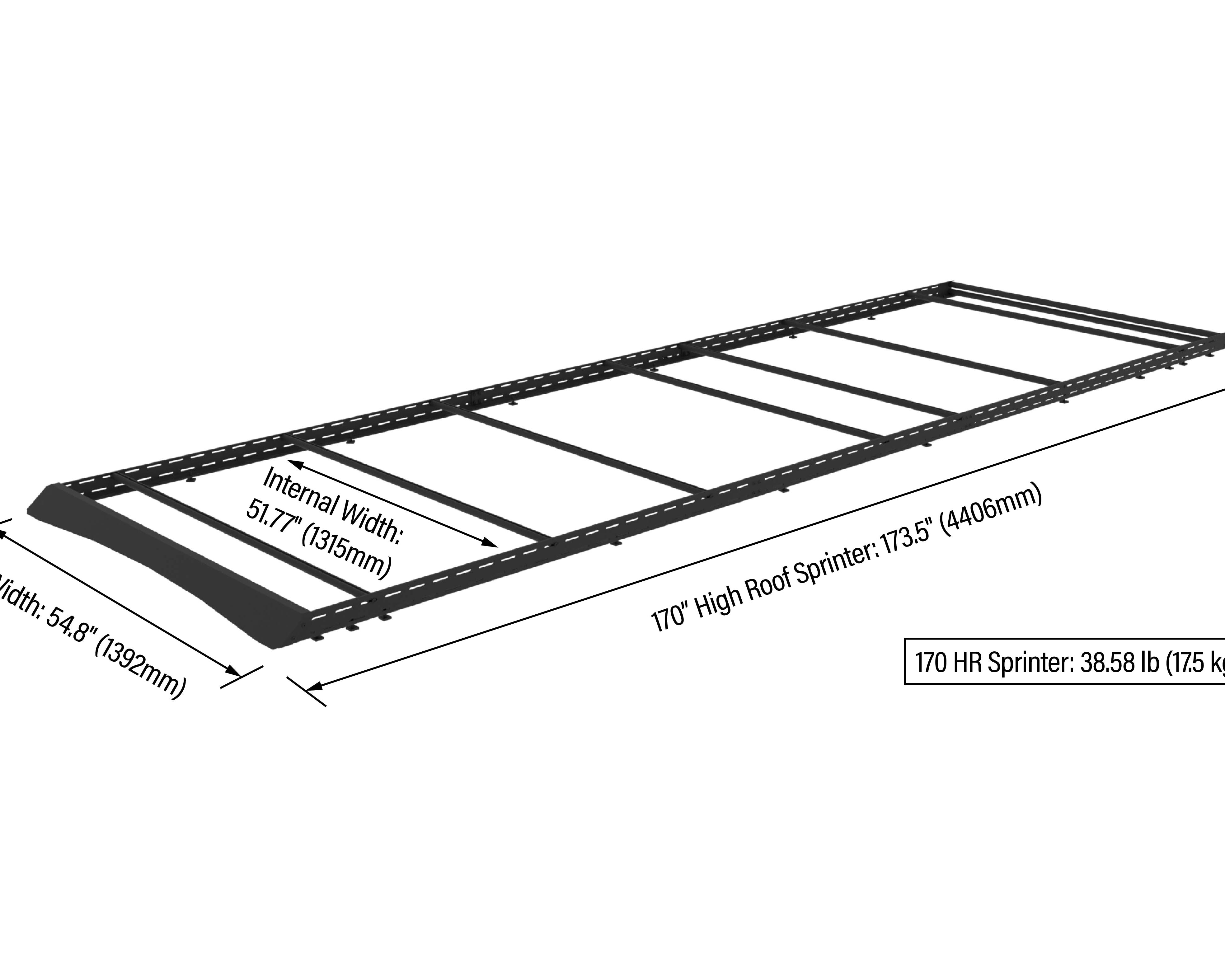 2007+ Mercedes Sprinter All Purpose Roof Rack 170 High Roof Rendered With Dimensions Annotated