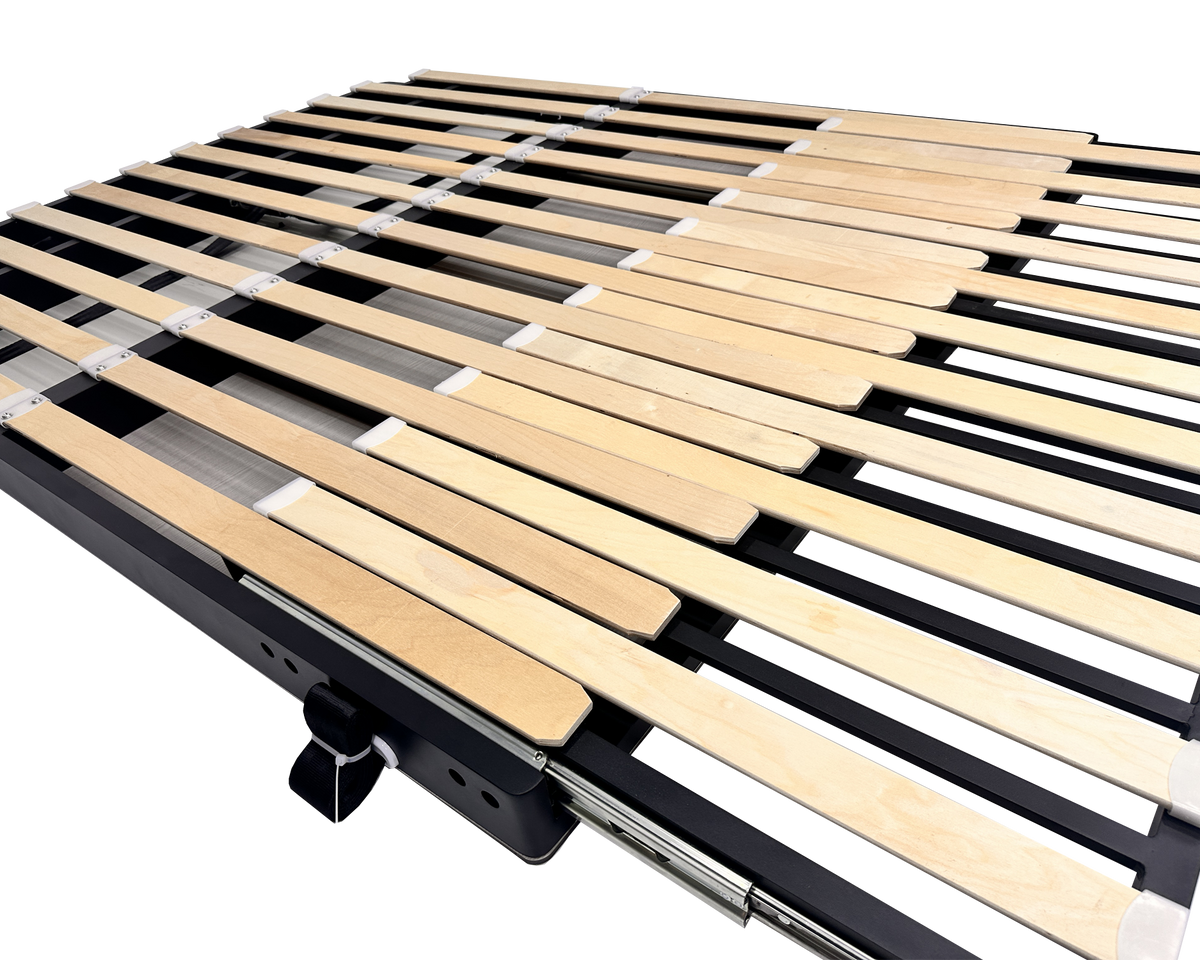 Manual elevator bed frame with wood slats, angled view showing extension slides