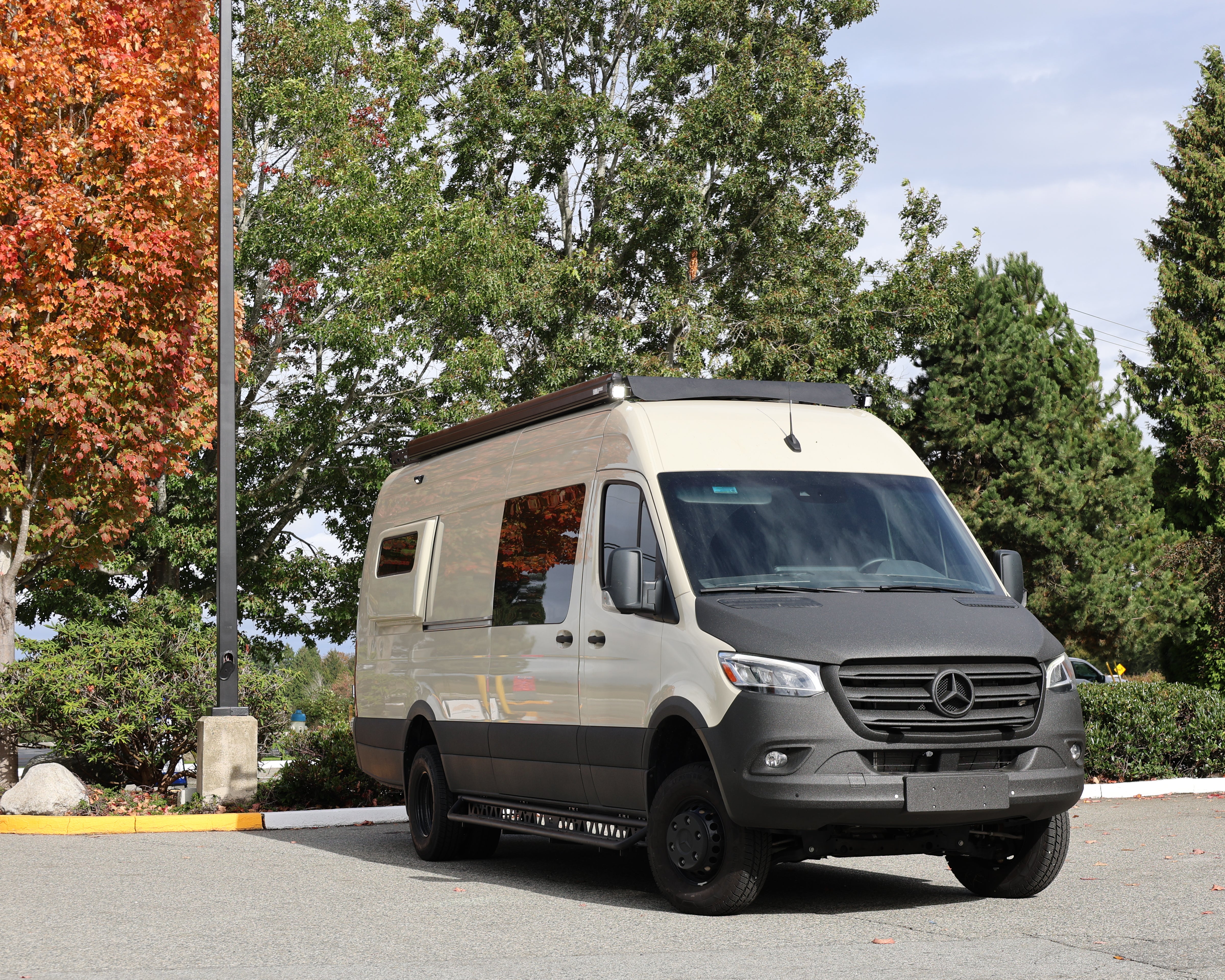 2007+ Mercedes Sprinter 144" High Roof Modular Roof Rack Fitted Front View With Fiamma Awning