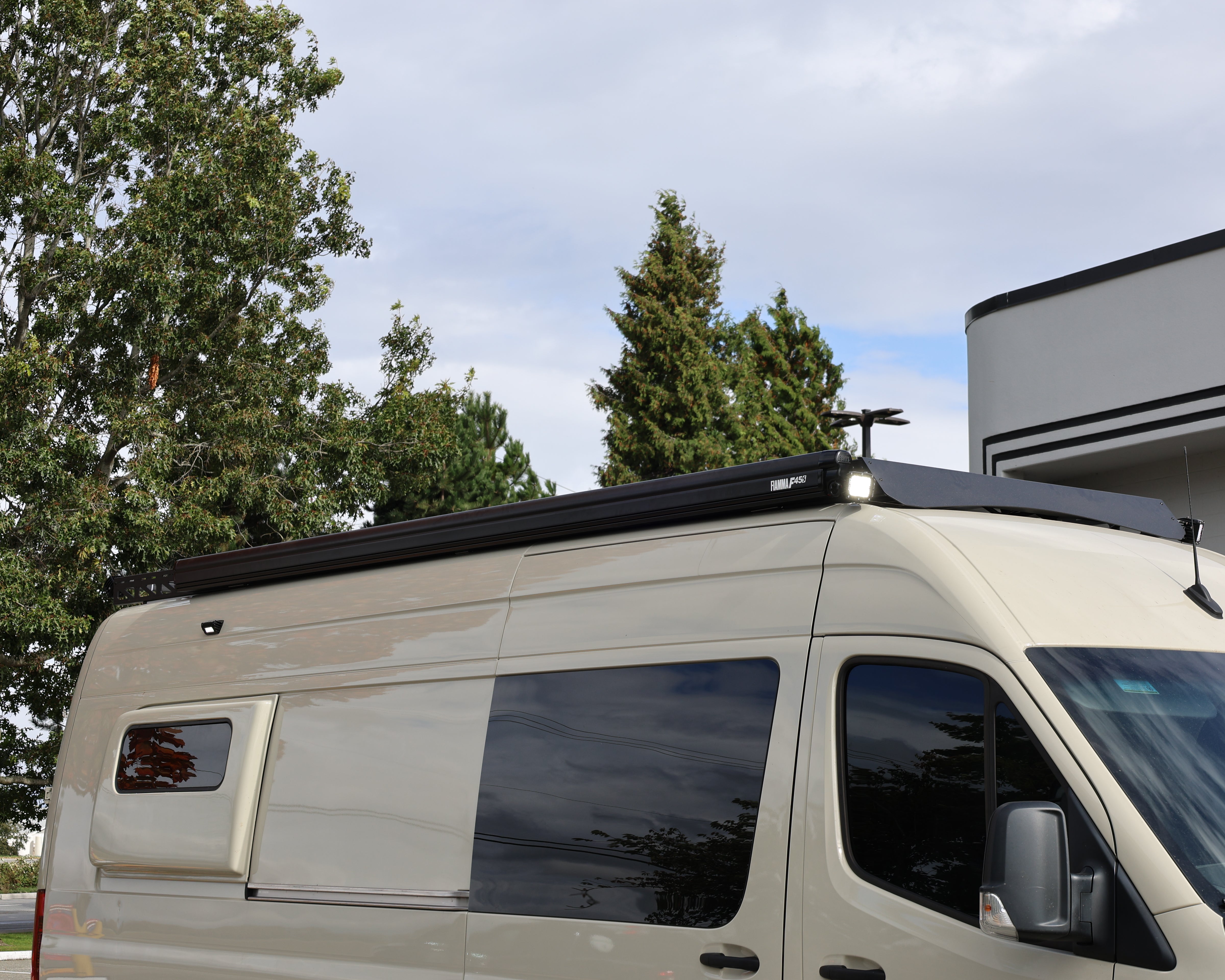 2007+ Mercedes Sprinter 144" High Roof Modular Roof Rack Fitted Side View With Fiamma Awning