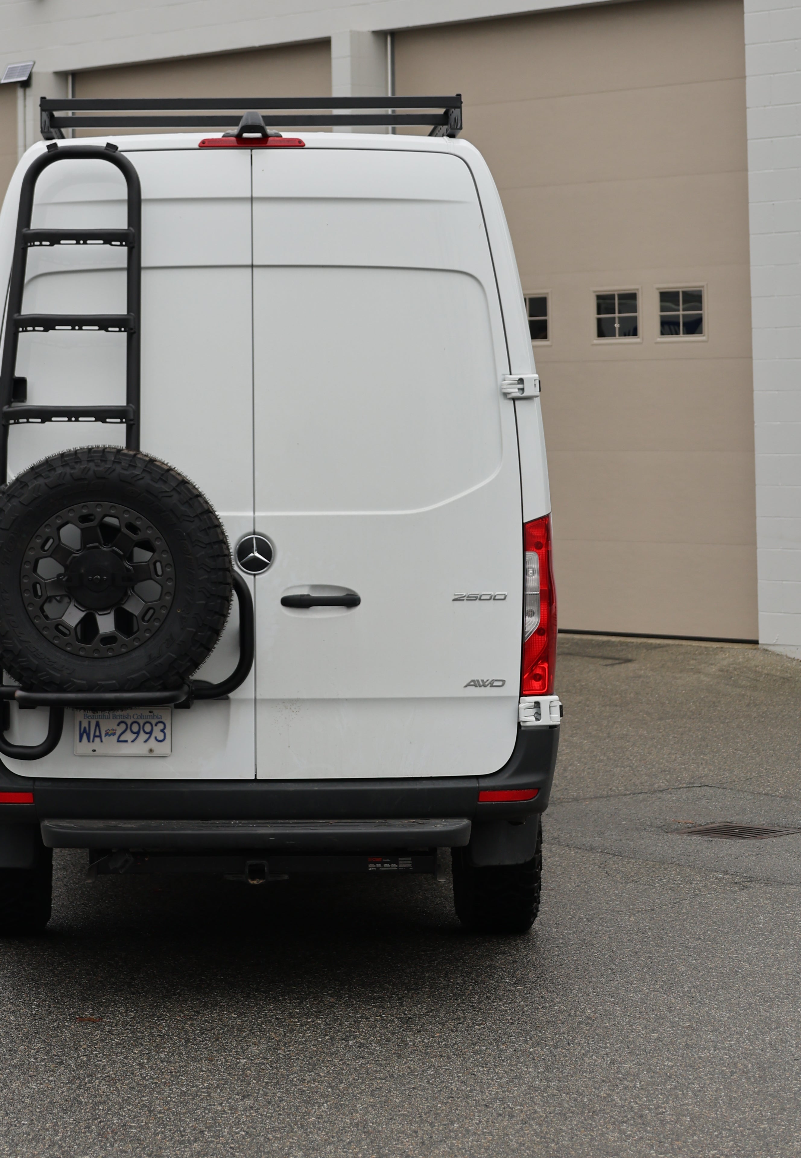 2019+ Mercedes Sprinter Two In One Ladder Tire Carrier System Fitted Front View