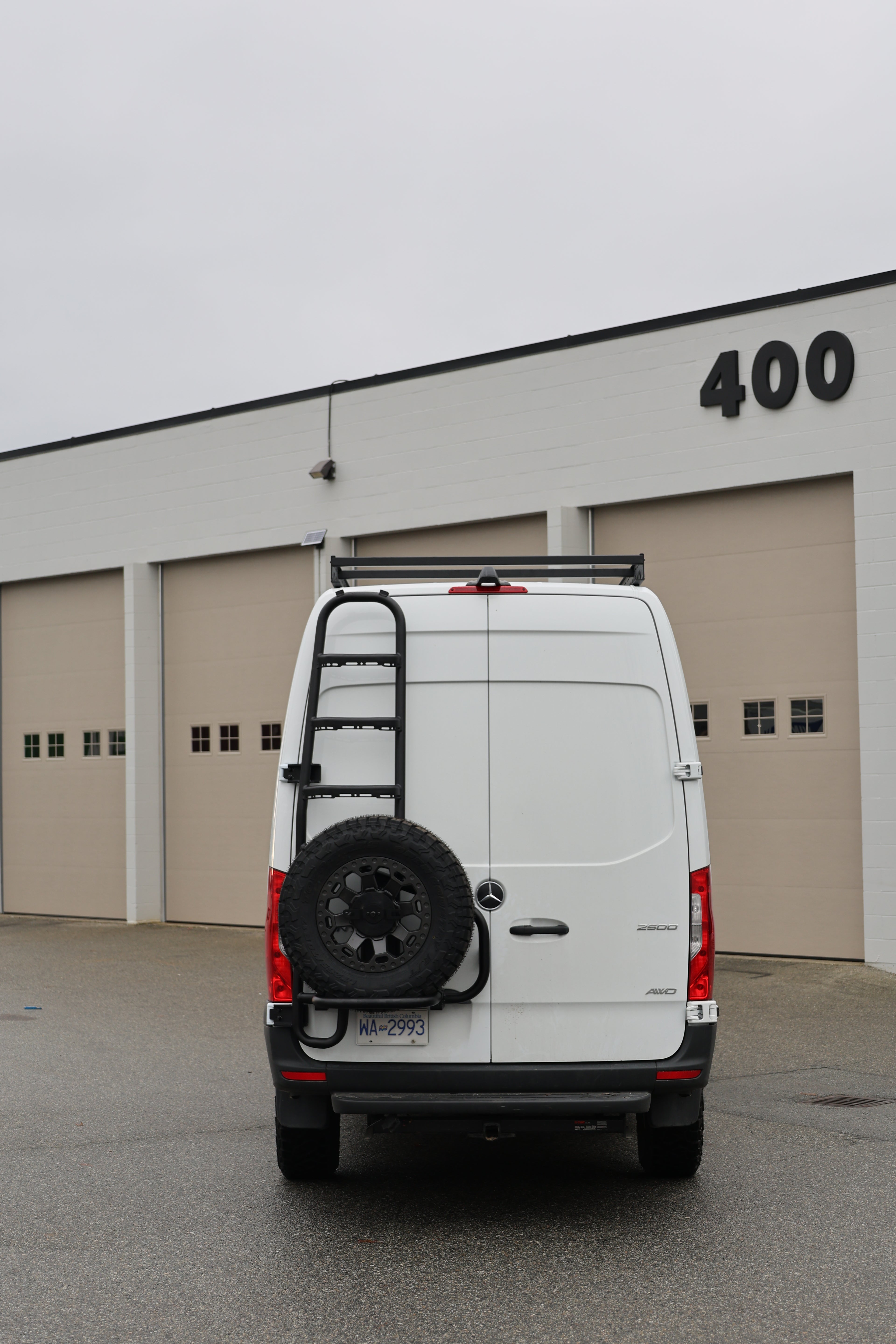 2019+ Mercedes Sprinter Two In One Ladder Tire Carrier System Fitted Front View