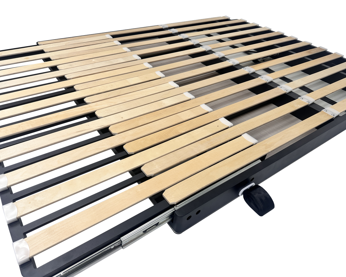 Elevator bed platform with overlapping wood slats, angled side view