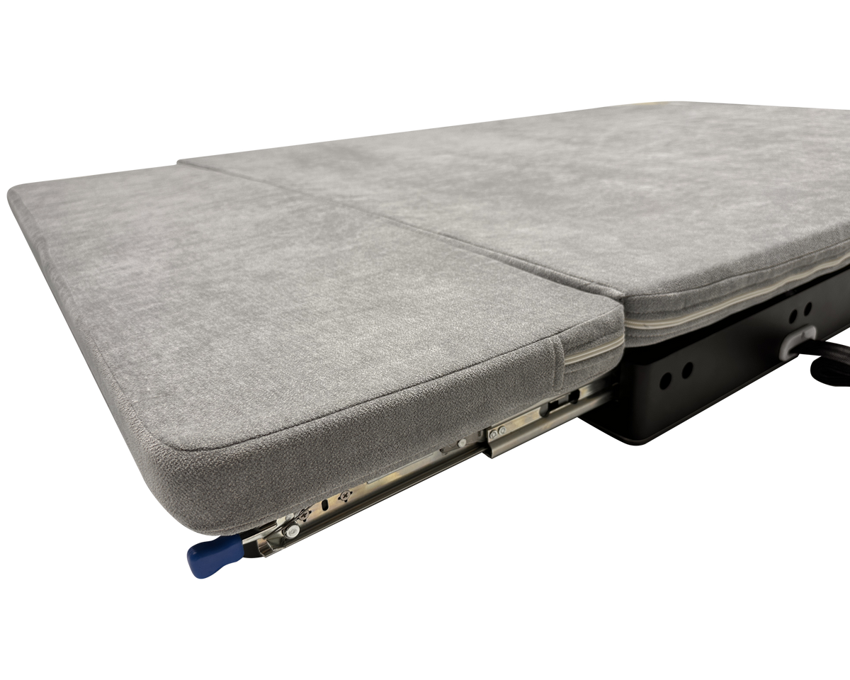 Bifold mattress on the elevator bed platform, angled view