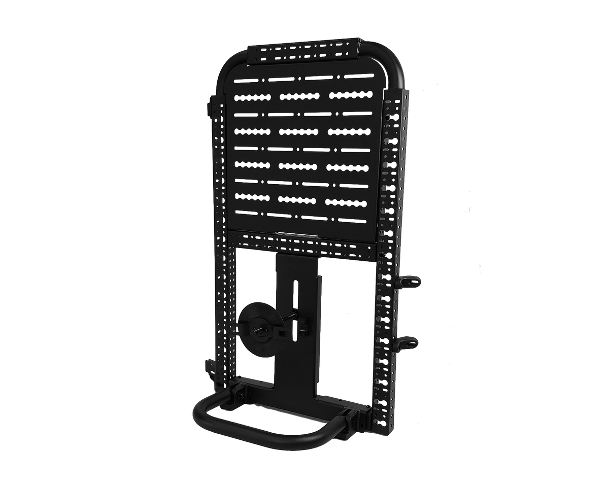 Driver side gear rack with top panel and tire carrier