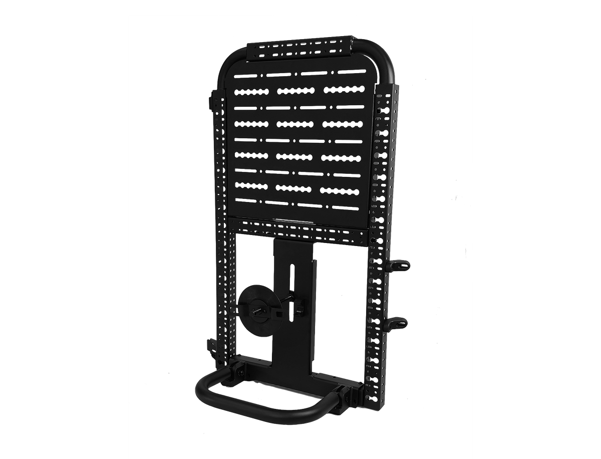 Driver side gear rack with top panel and tire carrier