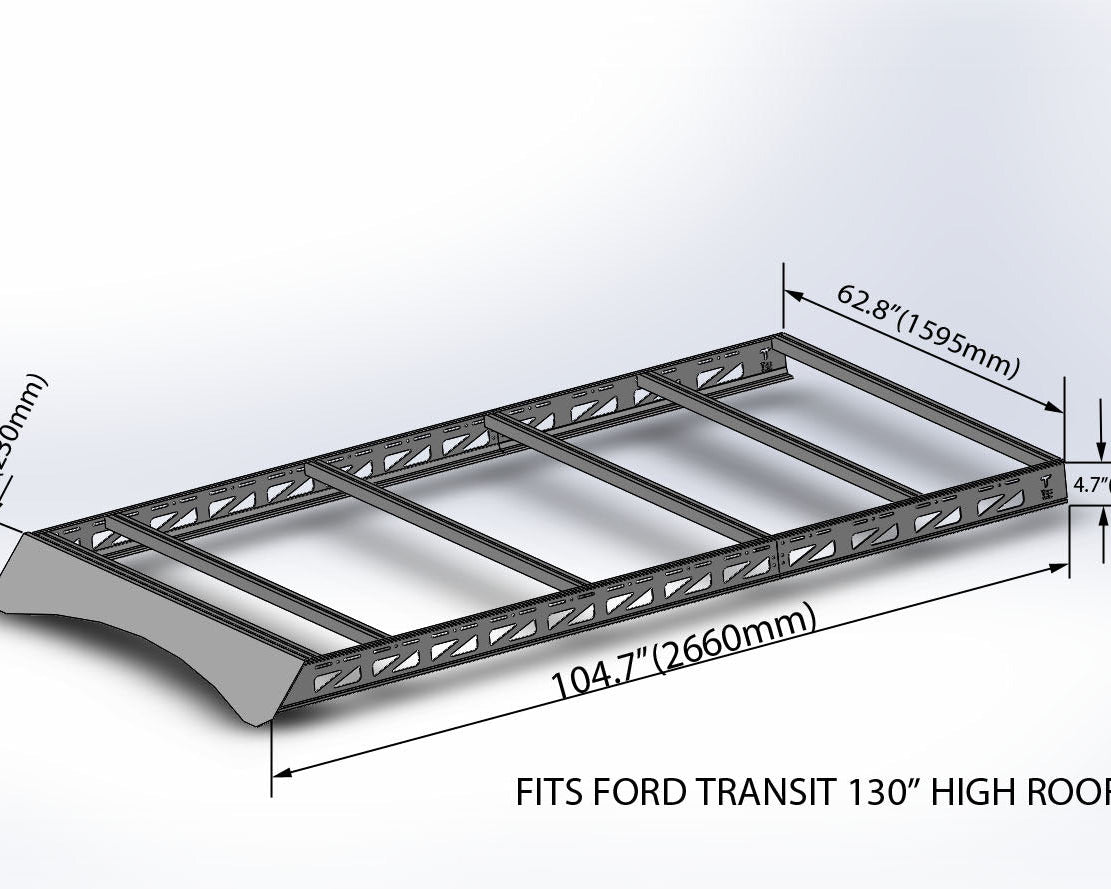 2015+ Ford Transit 130 High Roof Modular Roof Rack Rendered Angled Side View With Dimensions