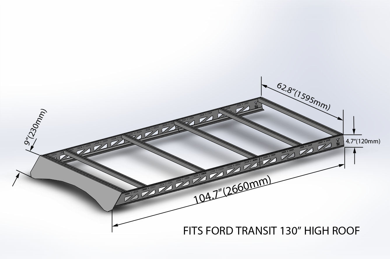 2015+ Ford Transit 130 High Roof Modular Roof Rack Rendered Angled Side View With Dimensions