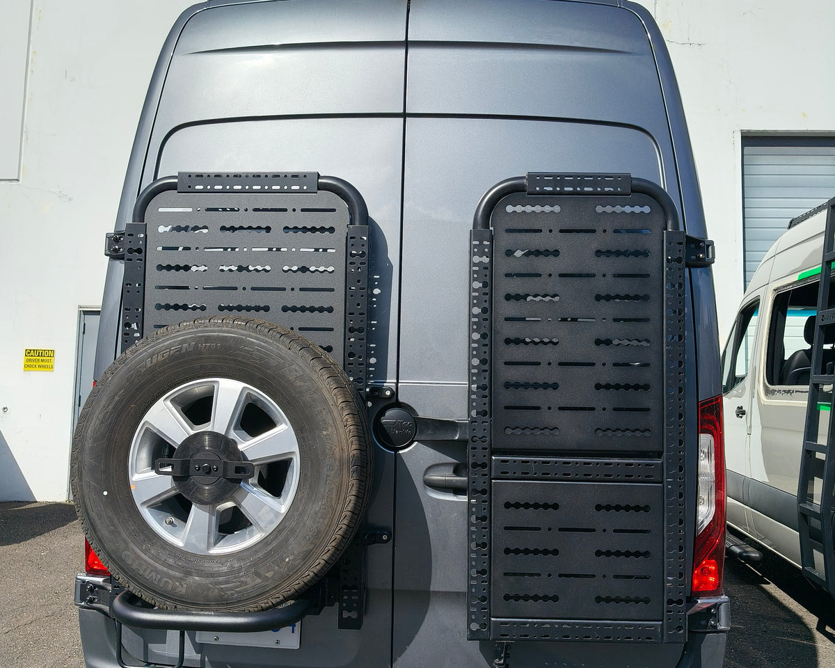 Sprinter rear doors with spare tire on driver side gear rack and passenger side gear rack
