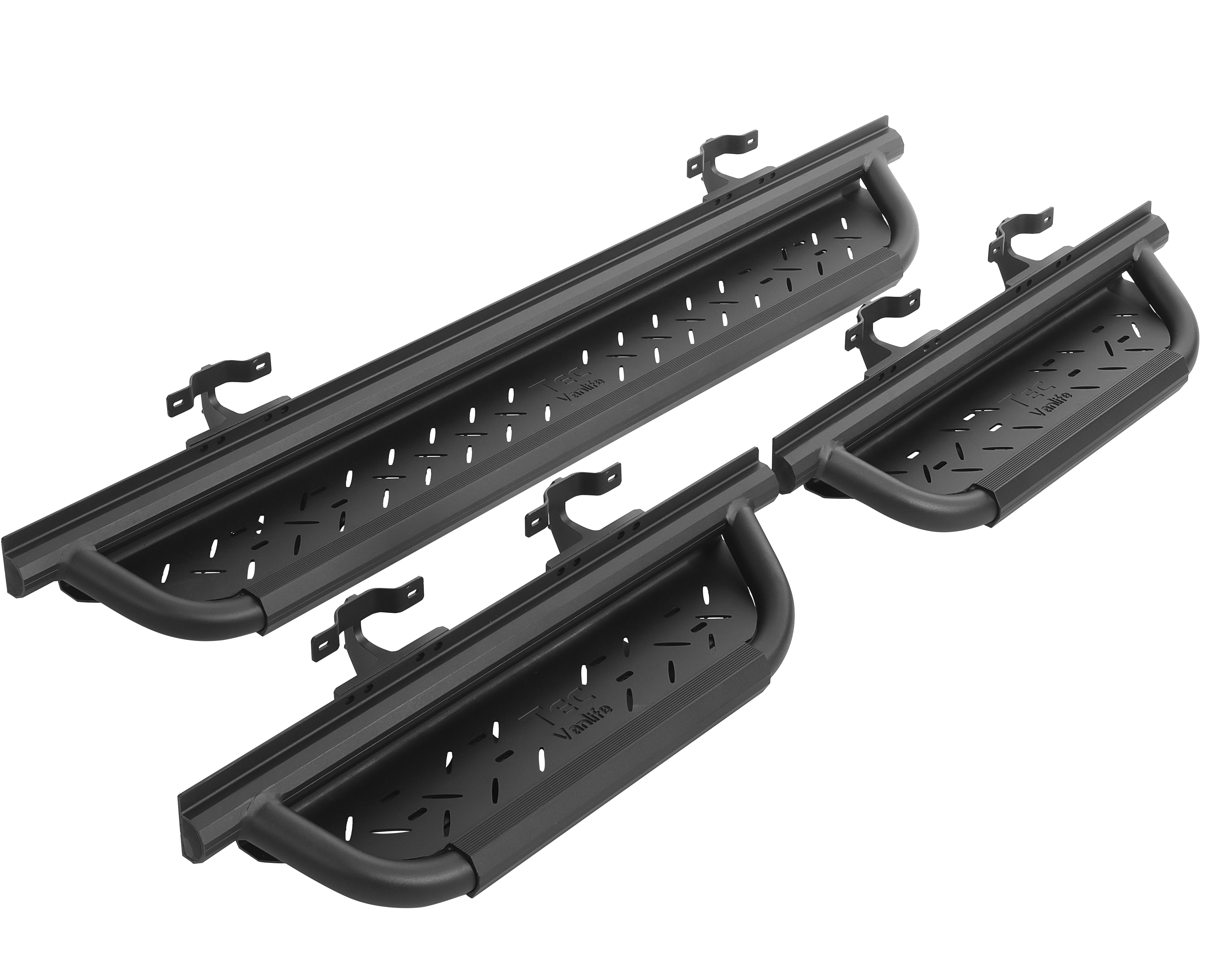 2007+ Mercedes Sprinter AntiSlip Drop Down Running Boards 3 Piece Set With Support Bracket Angled View