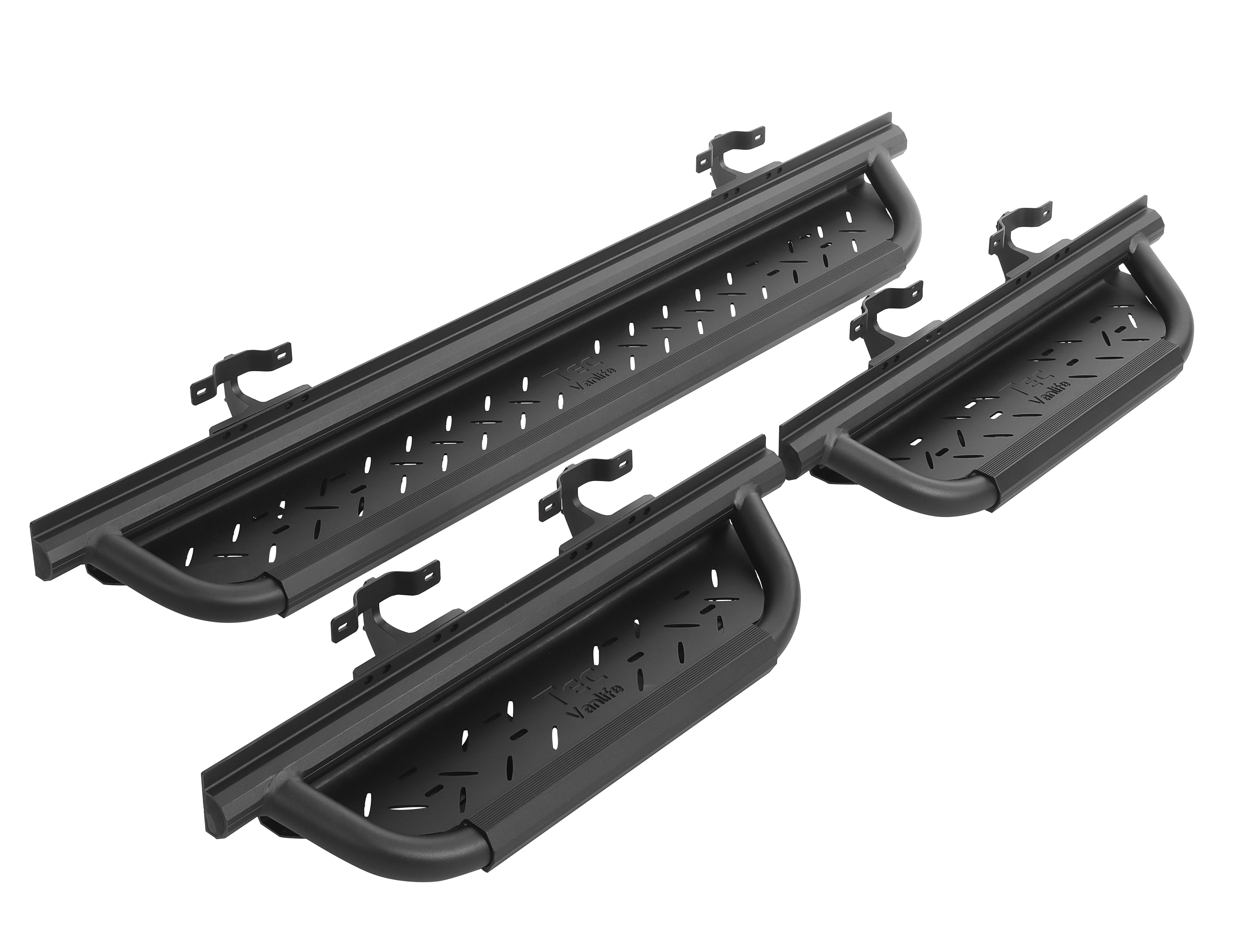 2007+ Mercedes Sprinter AntiSlip Drop Down Running Boards 3 Piece Set With Support Bracket Angled View