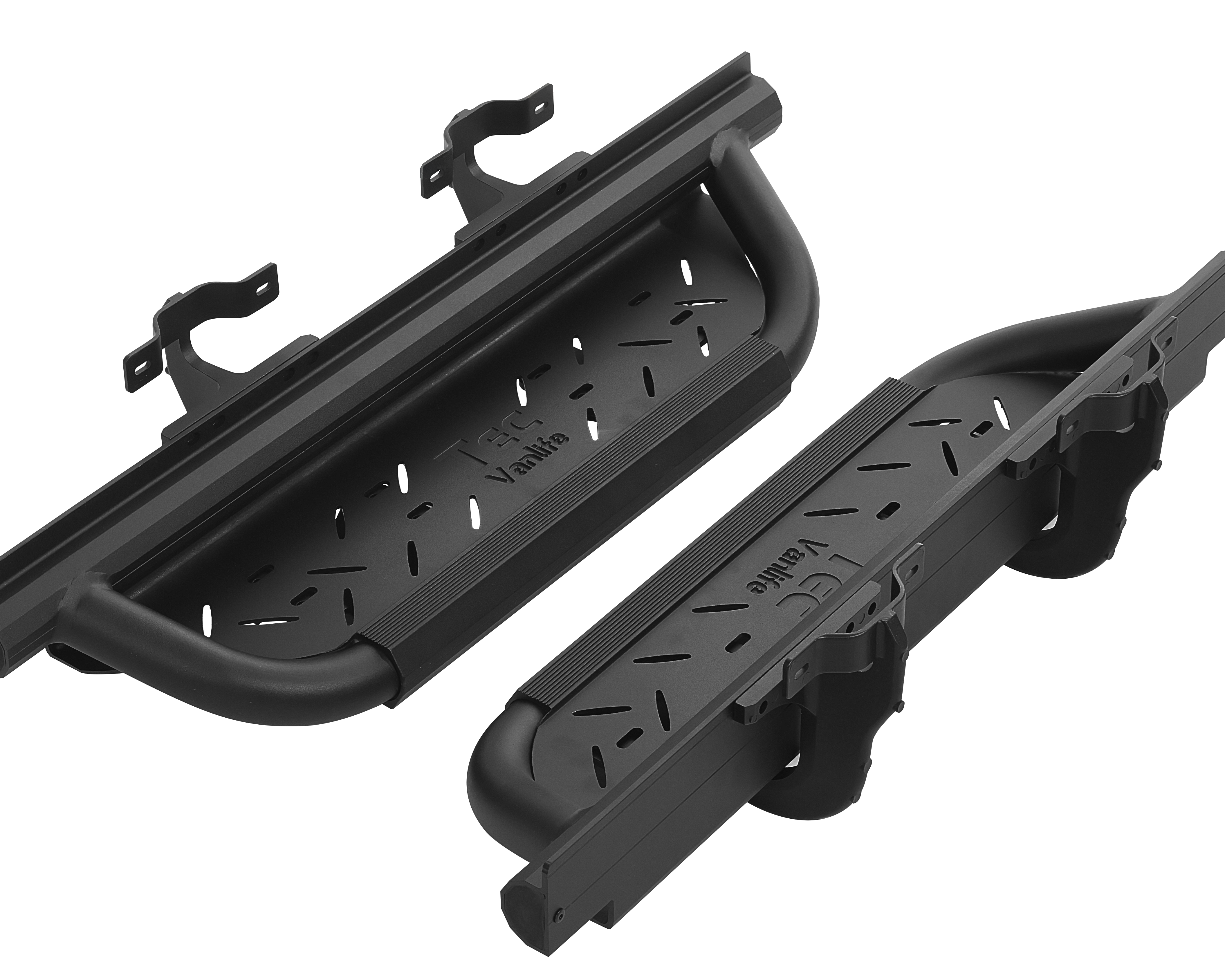 2007+ Mercedes Sprinter AntiSlip Drop Down Running Boards 2 Piece Set With Support Bracket Angled View