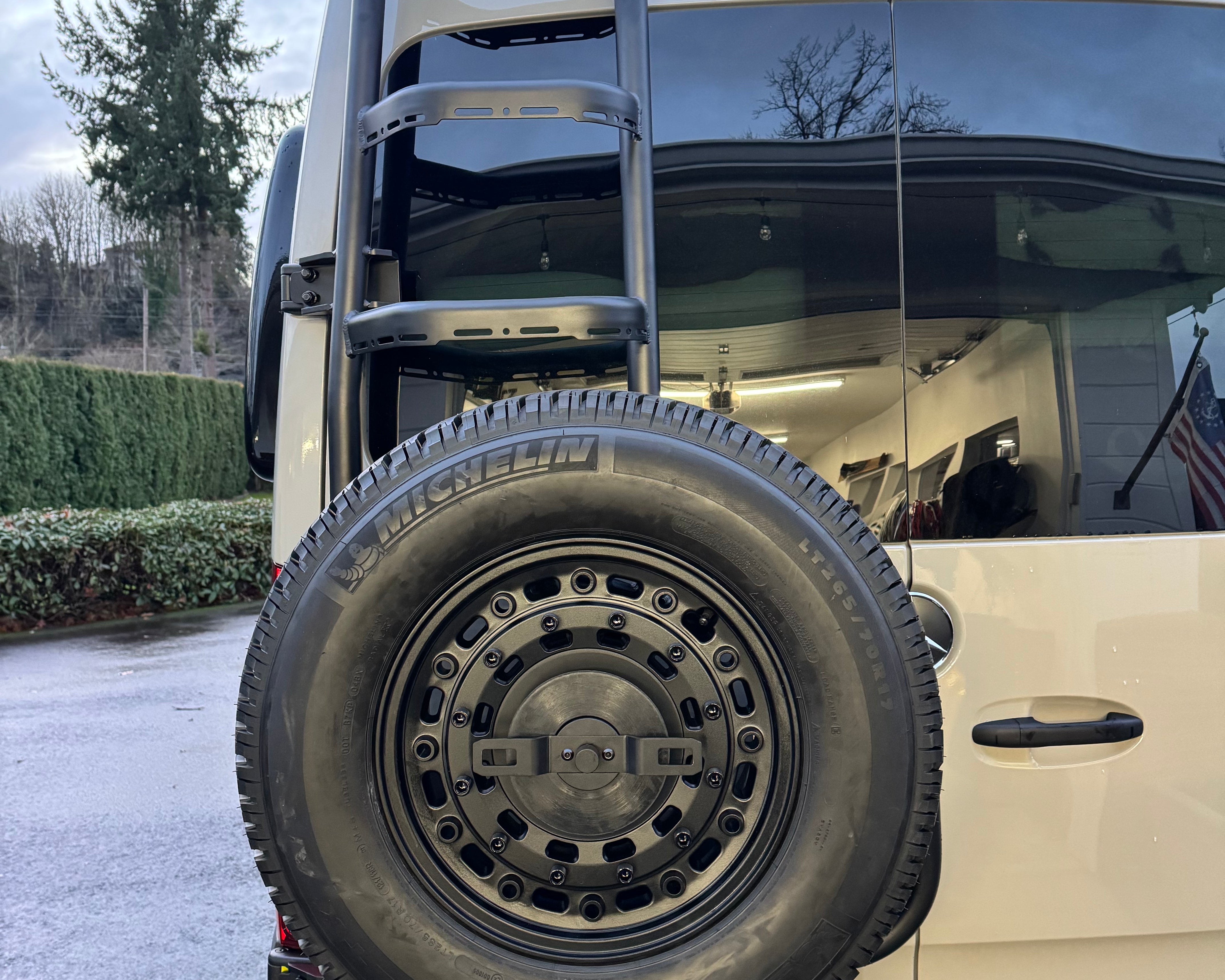 2019+ Mercedes Sprinter Two In One Ladder Tire Carrier System Fitted Front View