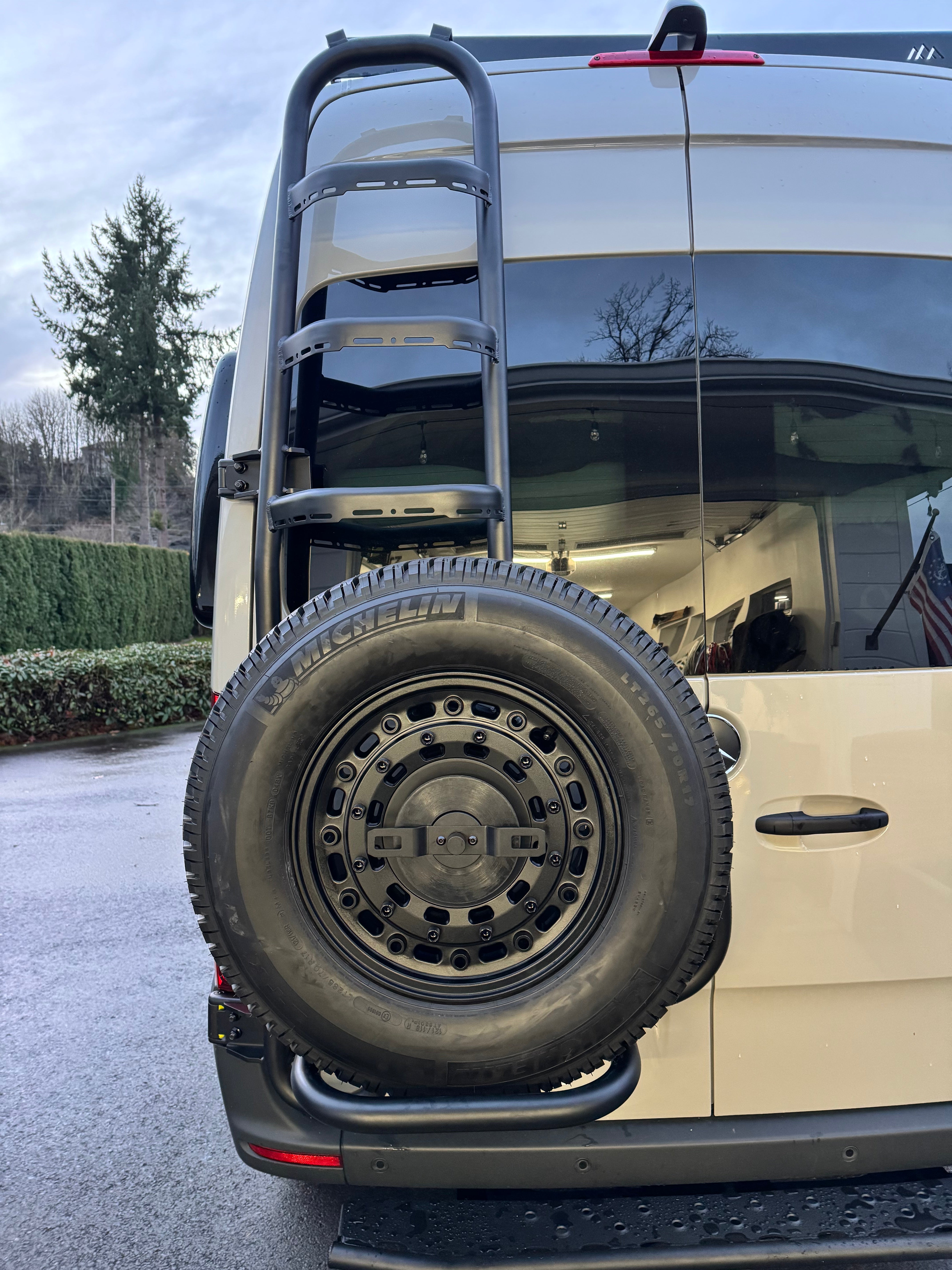 2019+ Mercedes Sprinter Two In One Ladder Tire Carrier System Fitted Front View