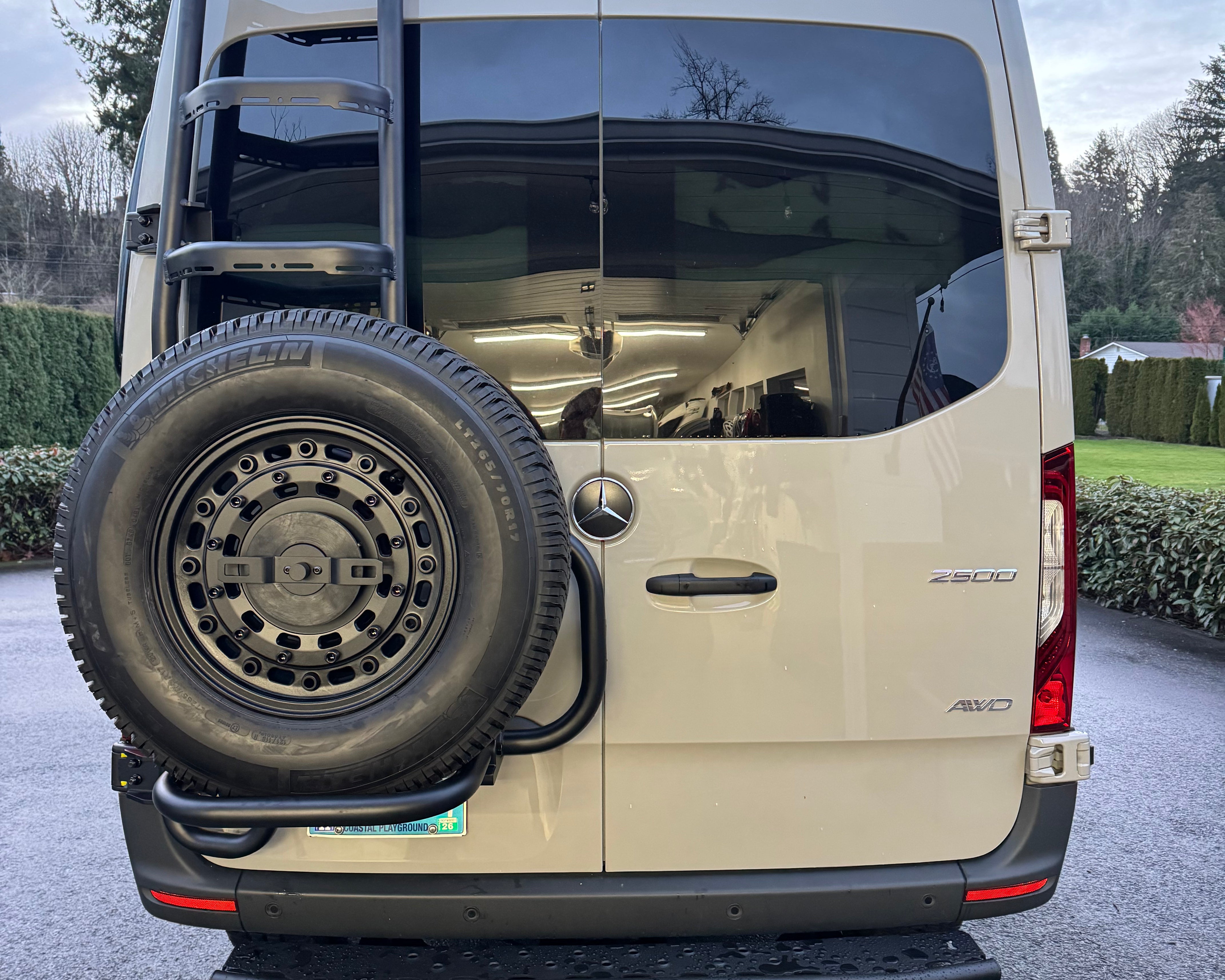 2019+ Mercedes Sprinter Two In One Ladder Tire Carrier System Fitted Front View