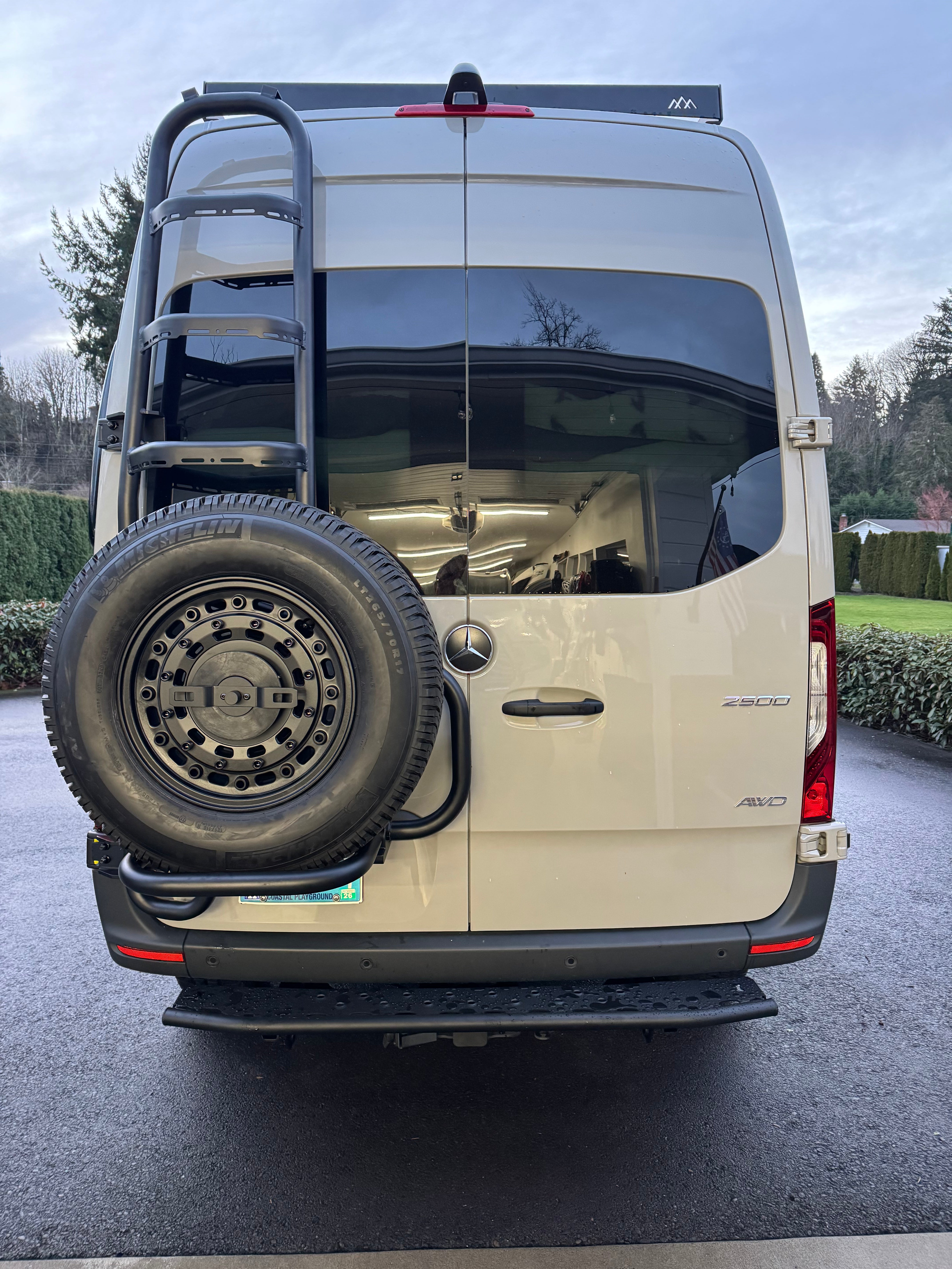 2019+ Mercedes Sprinter Two In One Ladder Tire Carrier System Fitted Front View