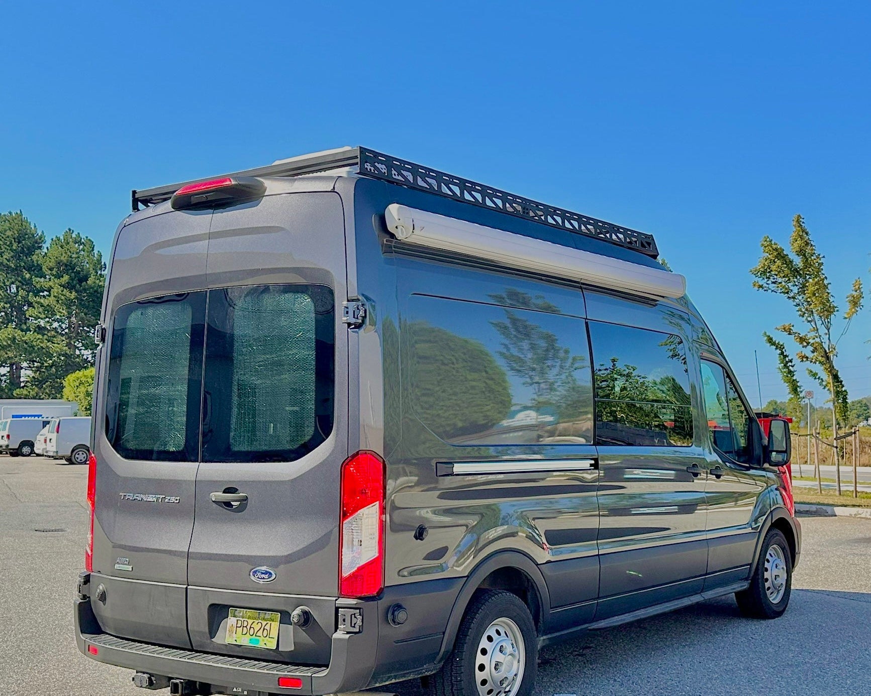 2015+ Ford Transit 148 High Roof Modular Roof Rack Fitted Back Side View