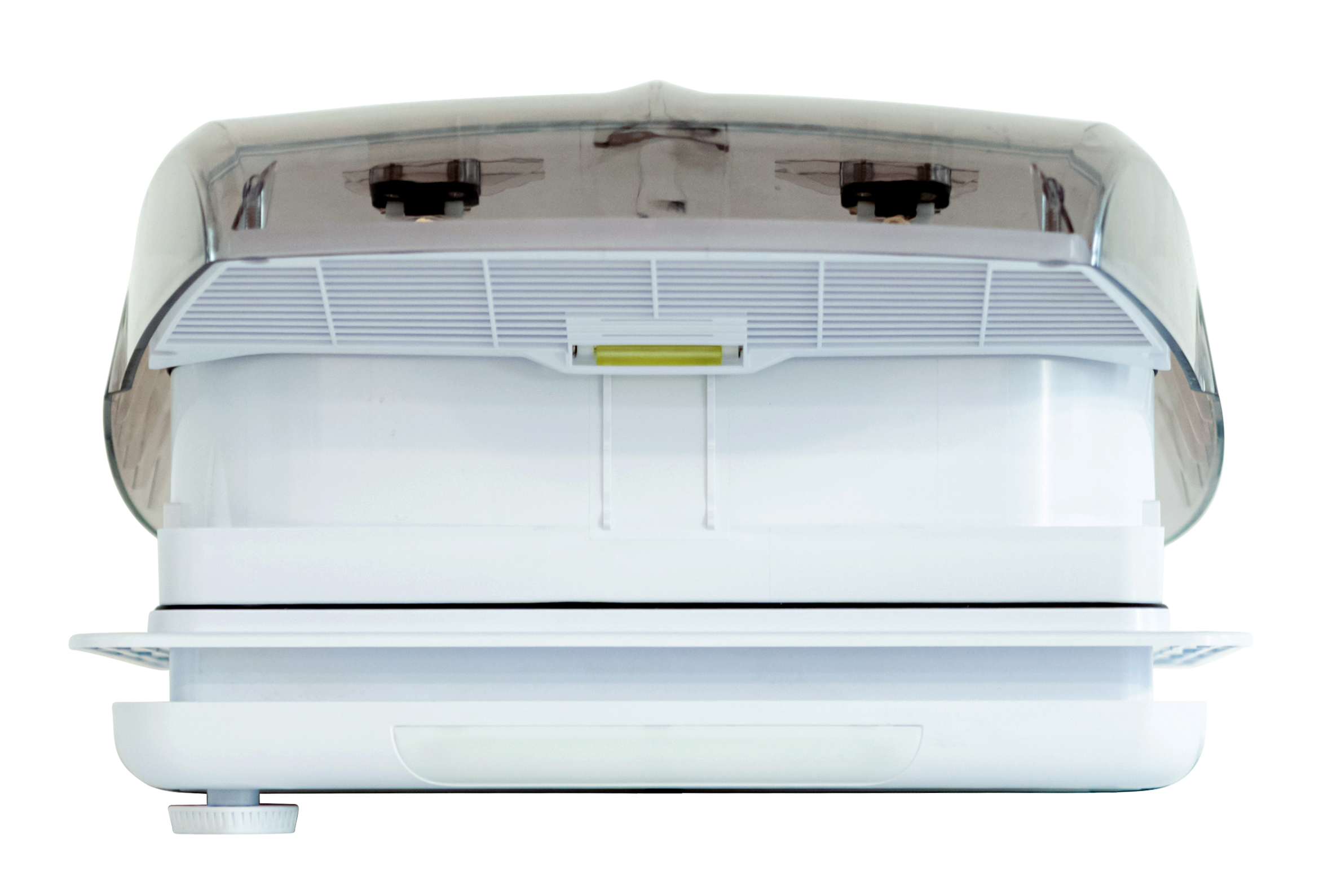 High efficiency brushless DC roof fan with 10 speed levels and reversible airflow.