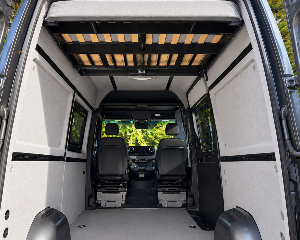 Sprinter interior conversion kit installed, rear to front view of finished walls and ceiling