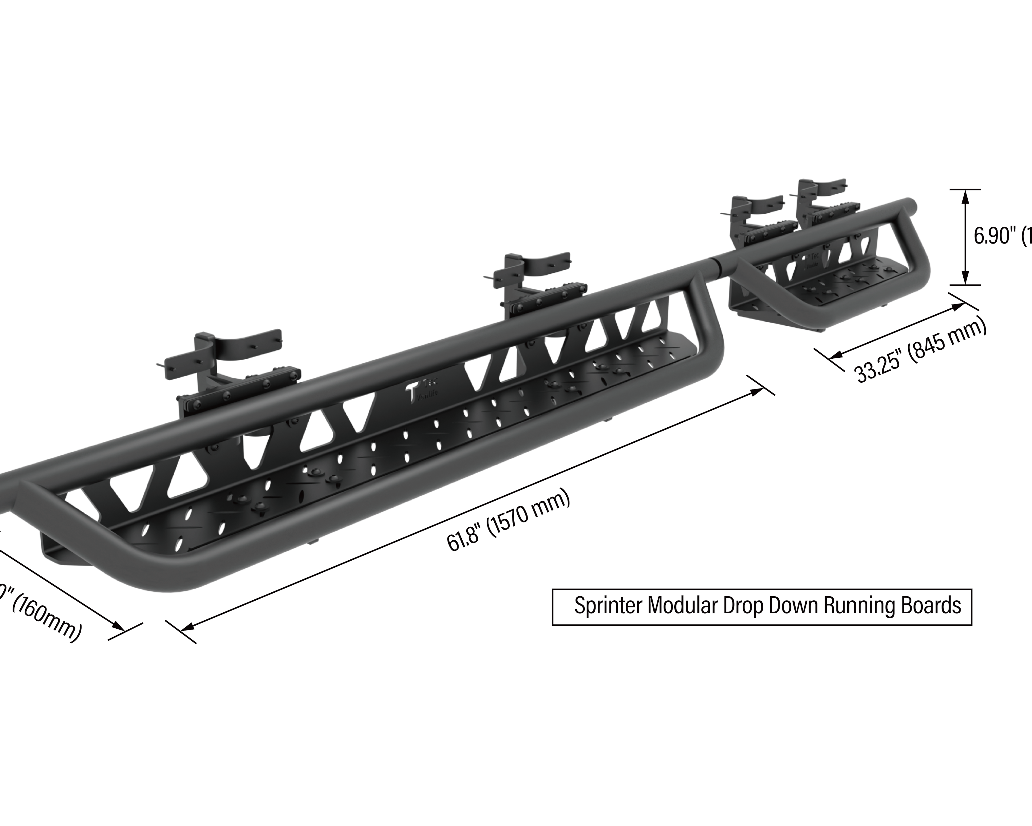 2007+ Mercedes Sprinter Modular Drop Down Running Boards Rendered With Dimensions