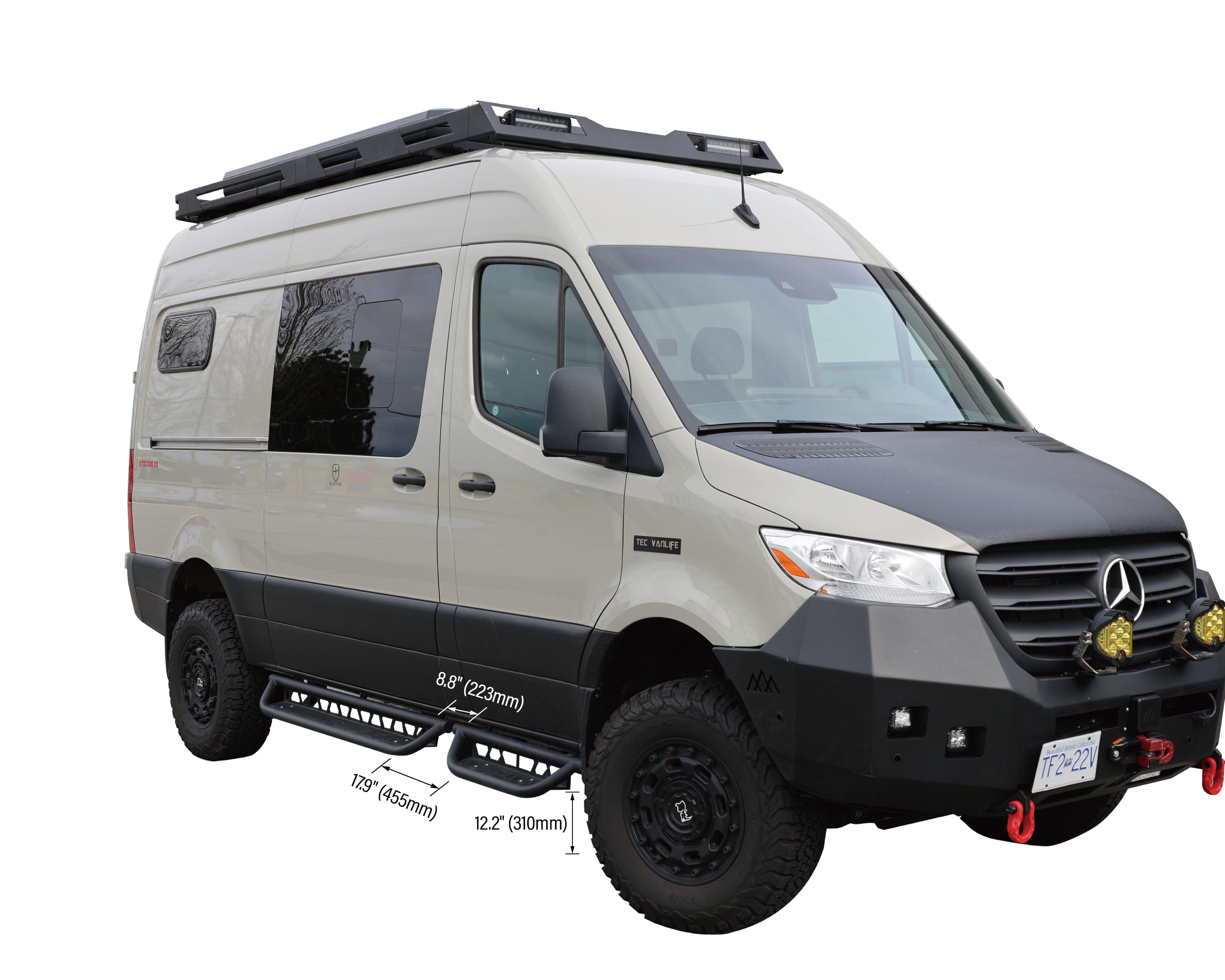 2007+ Mercedes Sprinter Modular Drop Down Running Boards Fitted View With Dimensions