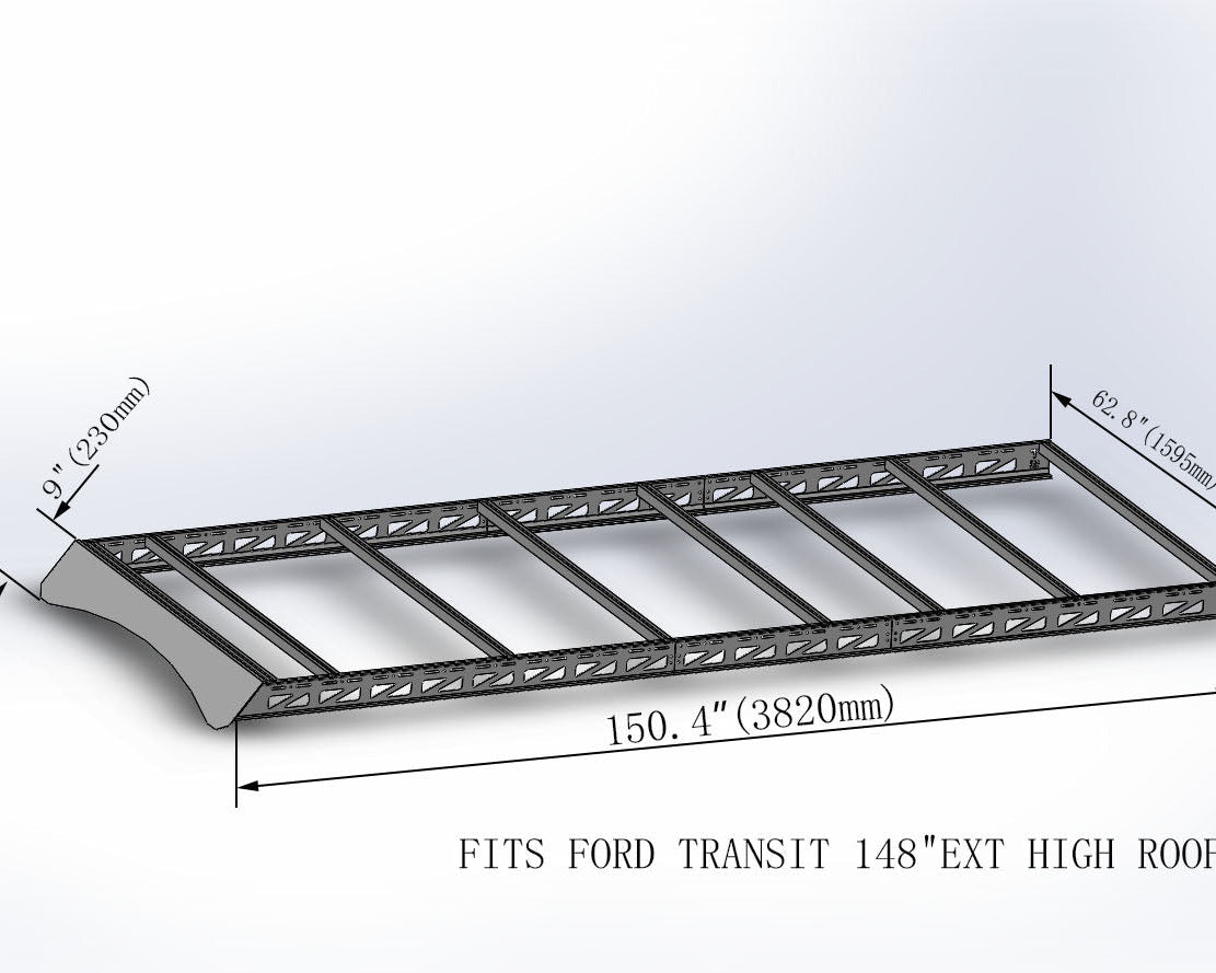 2015+ Ford Transit 148 Extended High Roof Modular Roof Rack Rendered Angled Side View With Dimensions