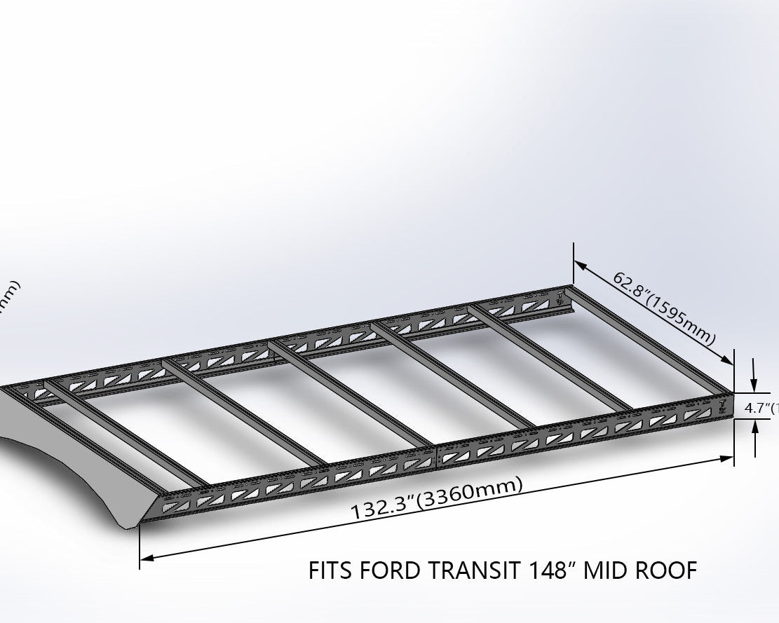 2015+ Ford Transit 148 Mid Roof Modular Roof Rack Rendered Angled Side View With Dimensions