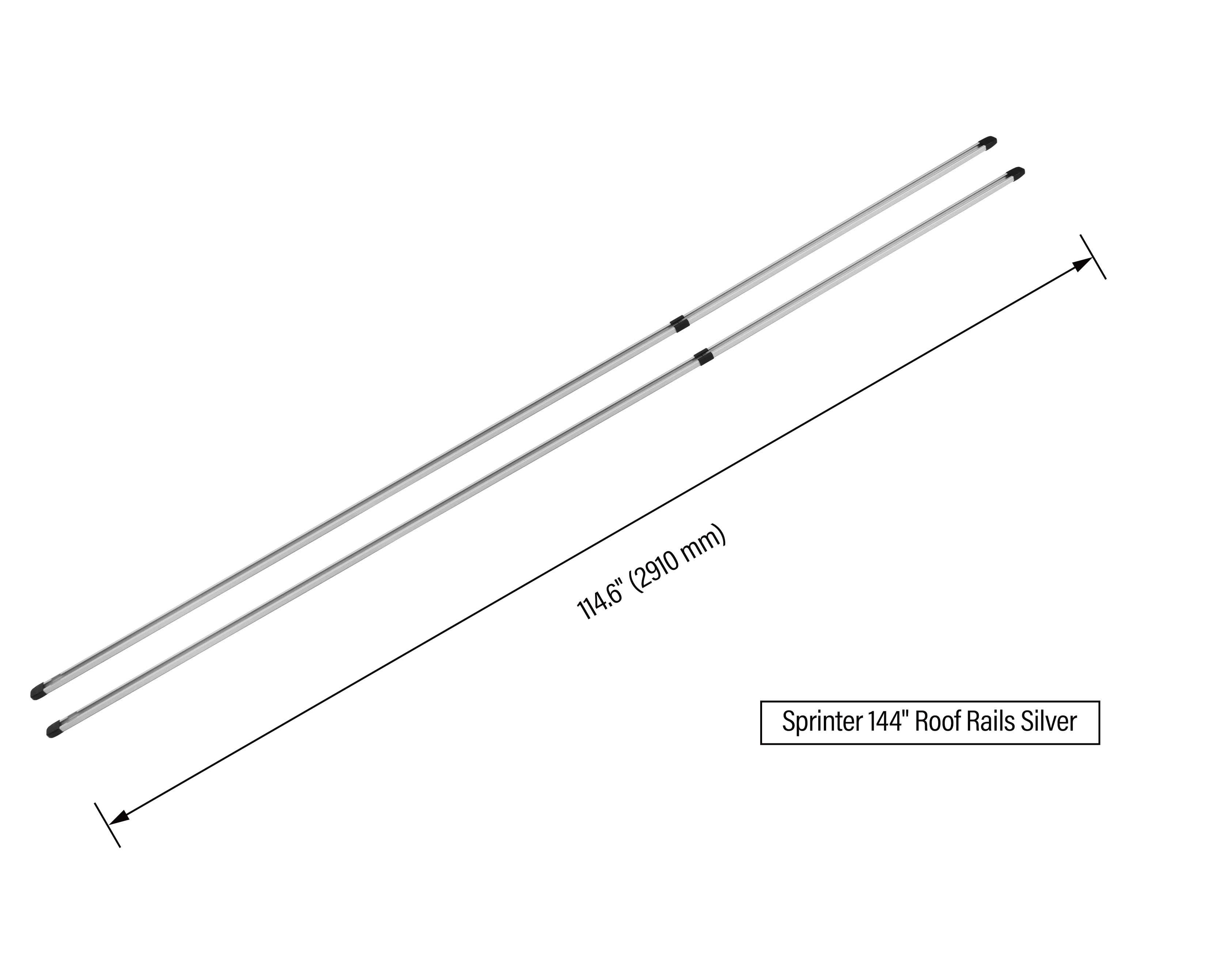 Sprinter Roof Rails / Roof Tracks Studio Shot 144 Silver With Dimensions