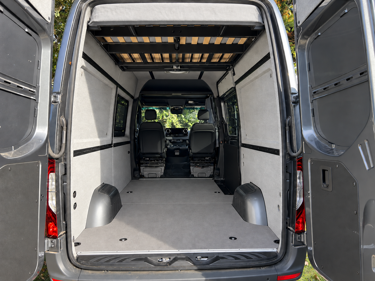 Sprinter interior conversion kit seen through open rear doors