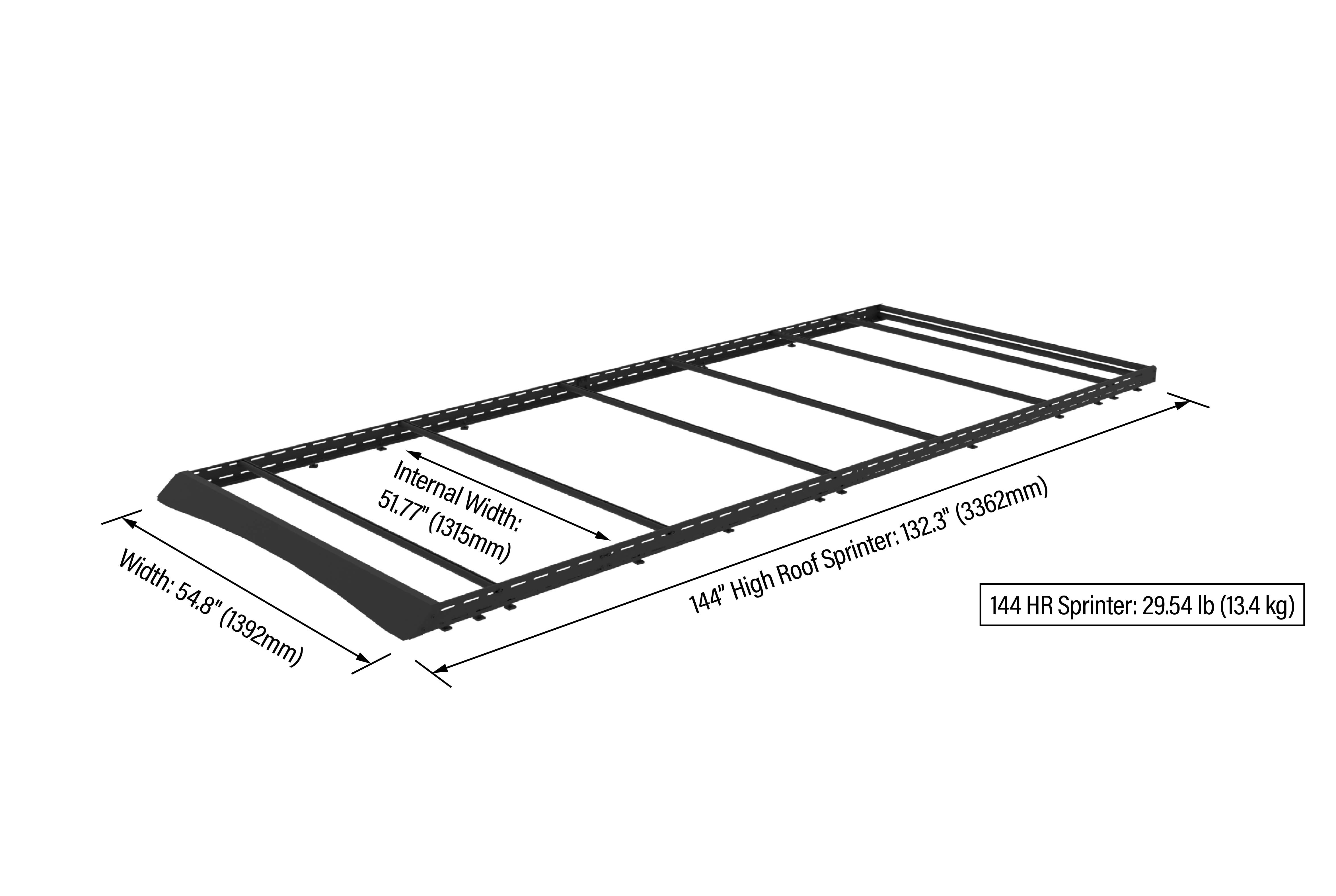 2007+ Mercedes Sprinter All Purpose Roof Rack 144 High Roof Rendered With Dimensions Annotated