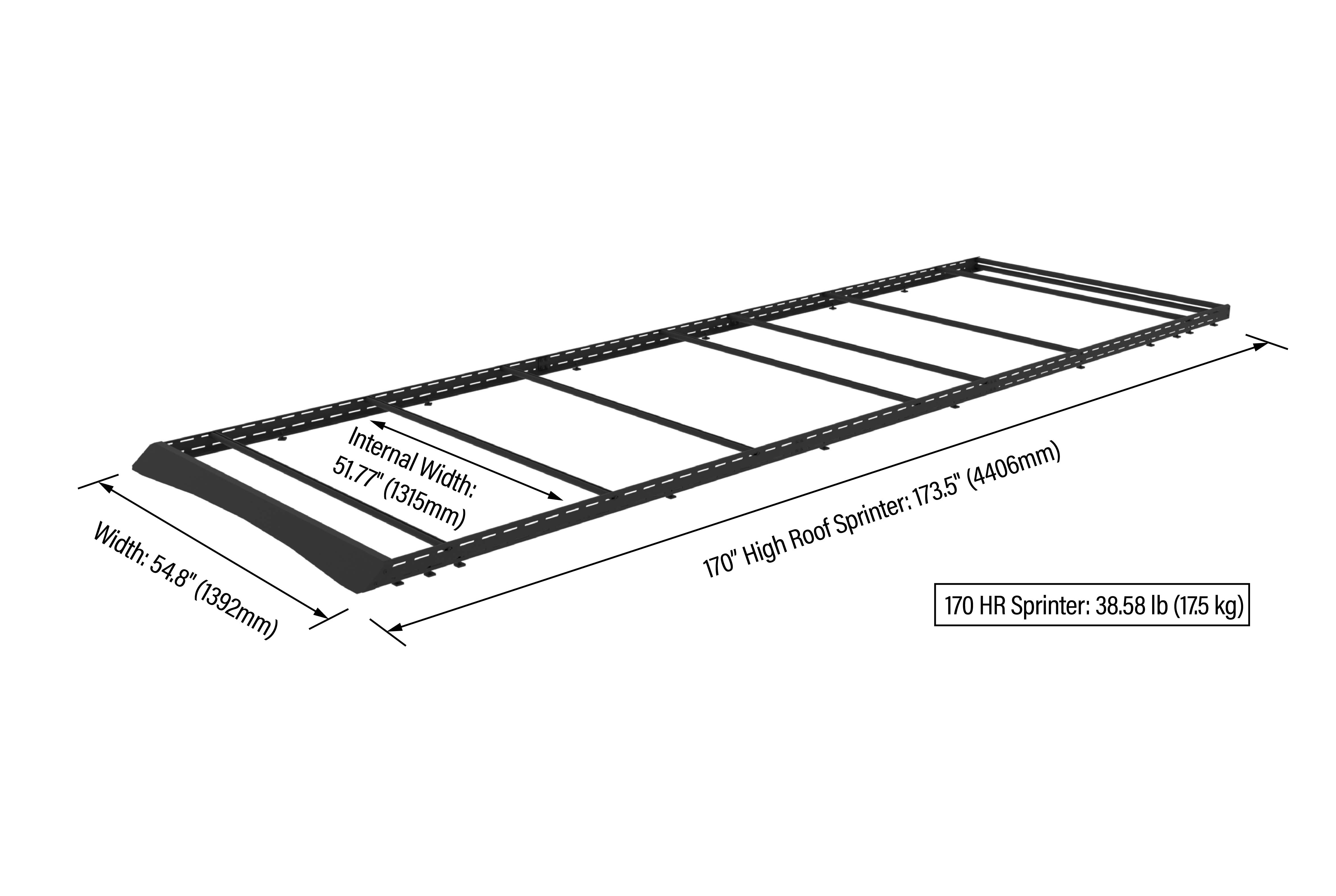 2007+ Mercedes Sprinter All Purpose Roof Rack 170 High Roof Rendered With Dimensions Annotated