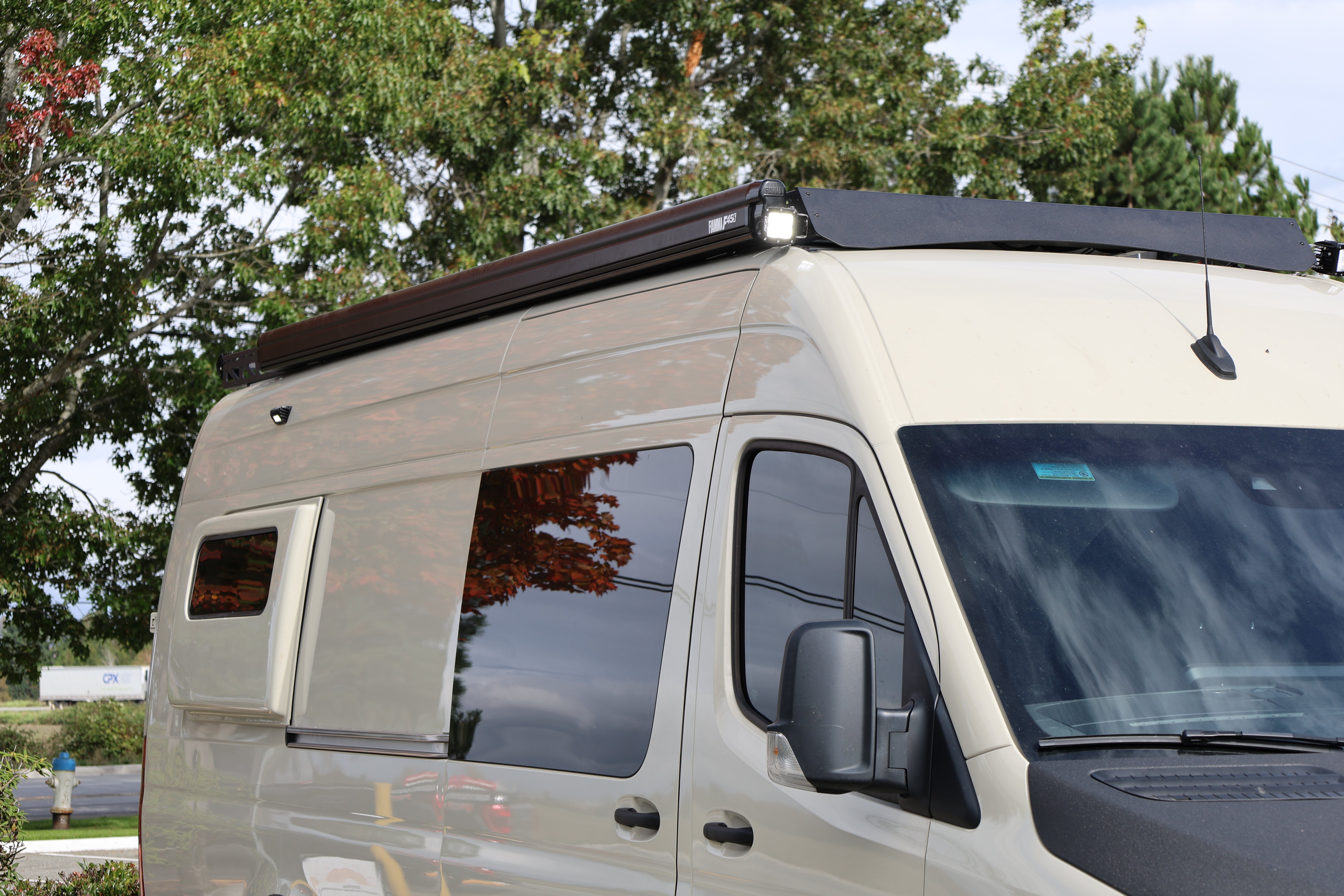 2007+ Mercedes Sprinter 144" High Roof Modular Roof Rack Fitted Side View With Fiammas Awning