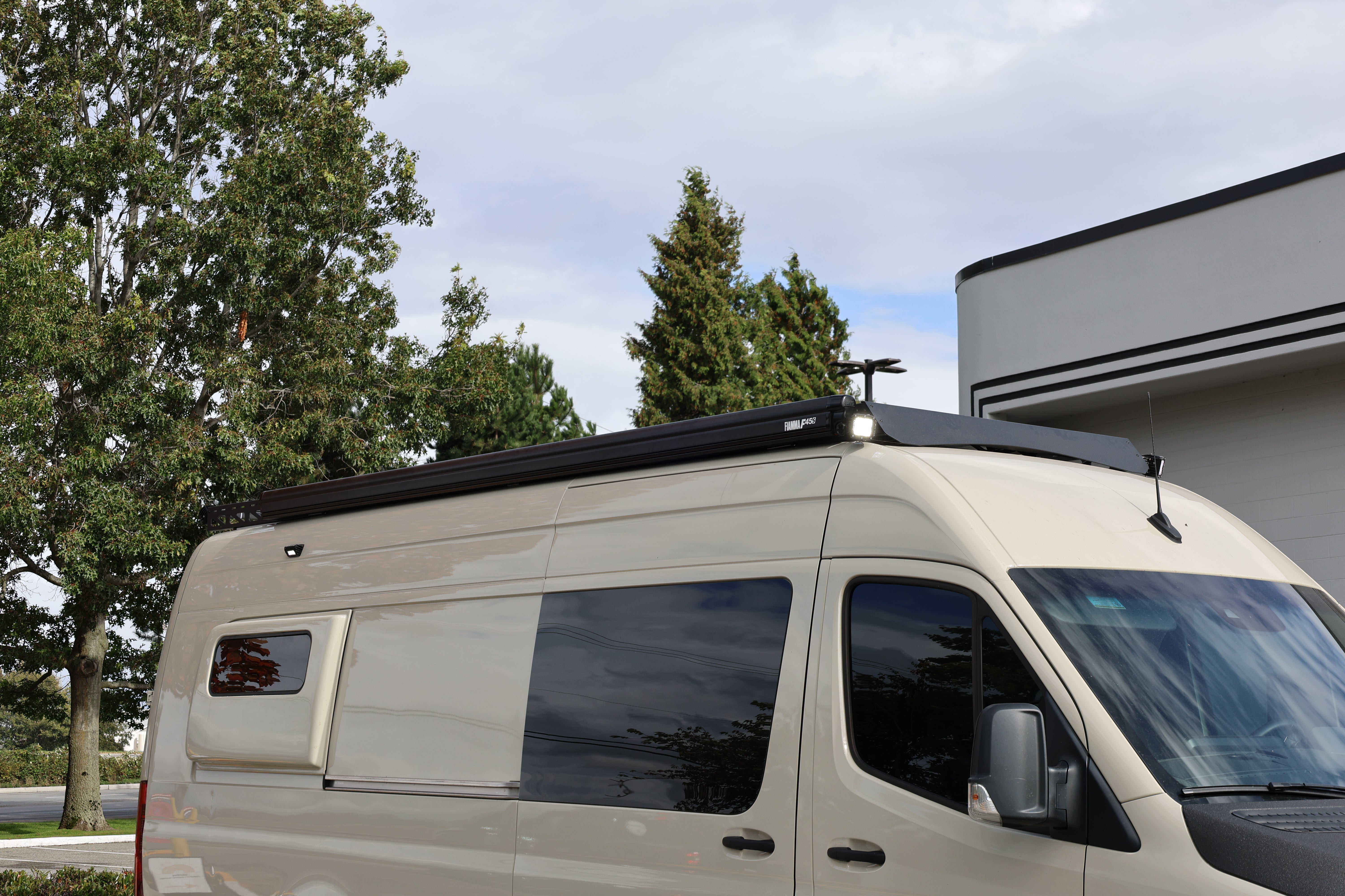 2007+ Mercedes Sprinter 144" High Roof Modular Roof Rack Fitted Side View With Fiamma Awning