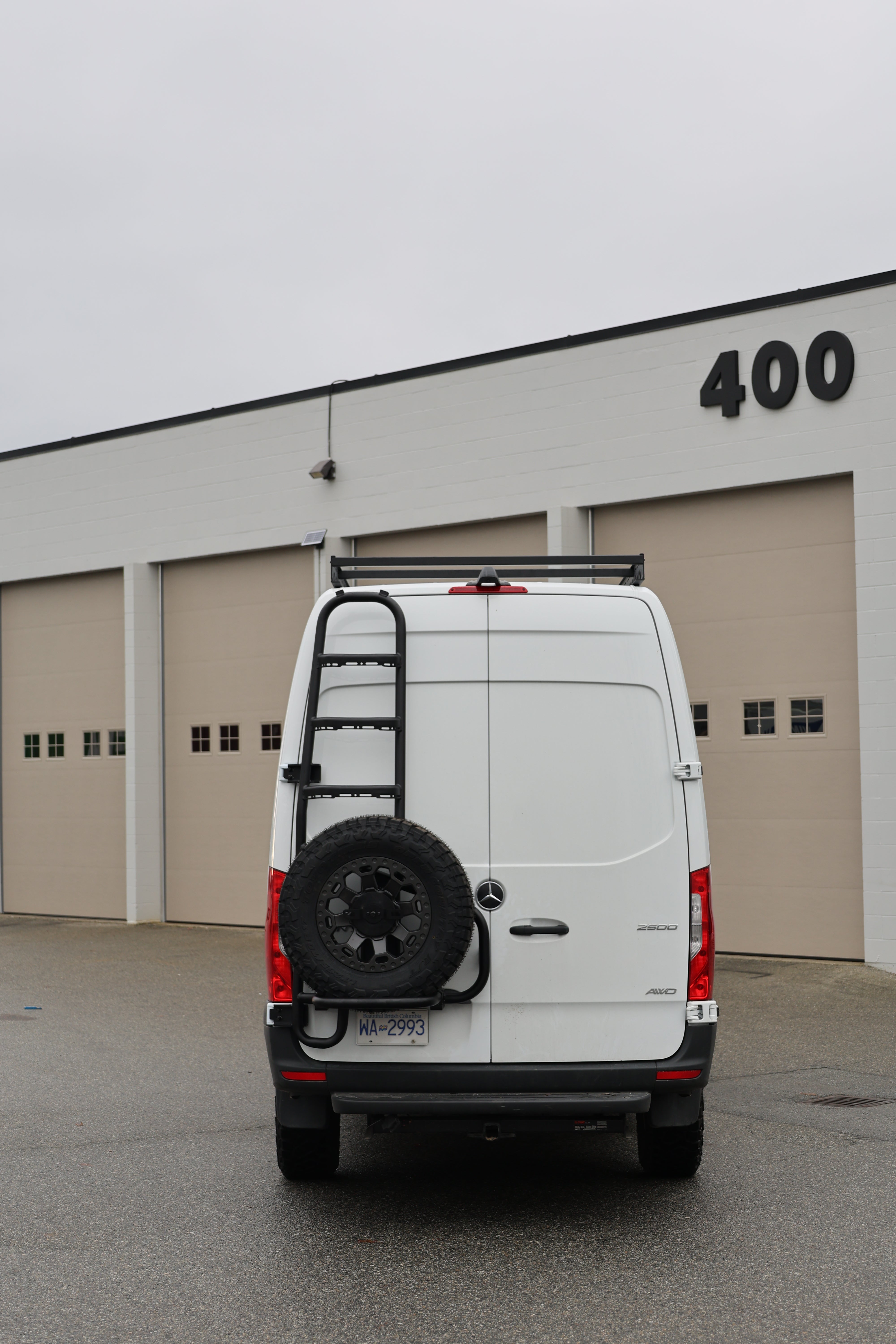 2019+ Mercedes Sprinter Two In One Ladder Tire Carrier System Fitted Front View
