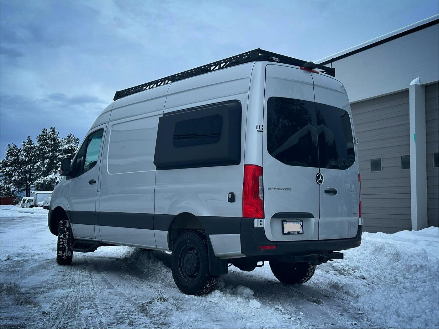 Roof rack on Sprinter — angled view