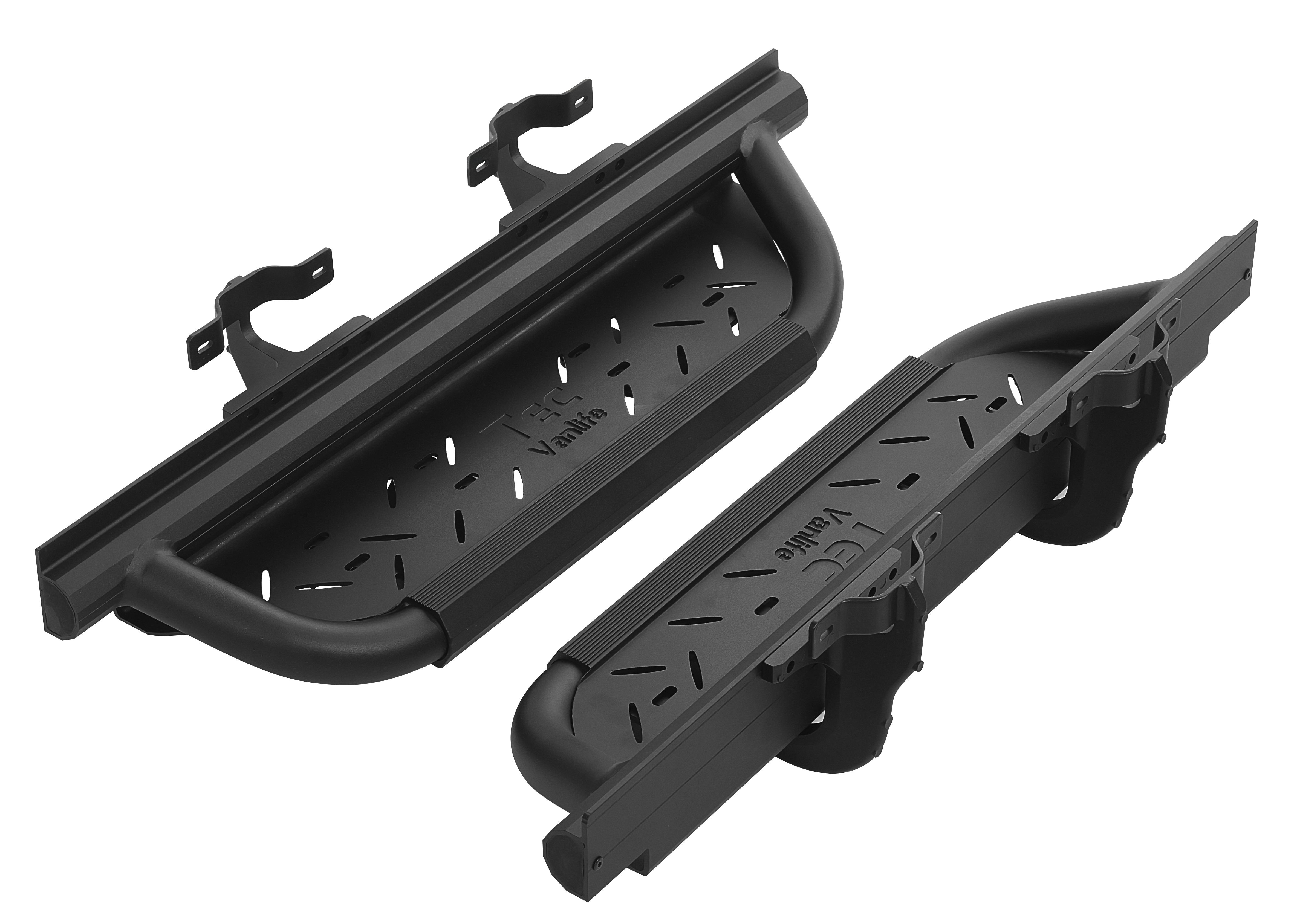 2007+ Mercedes Sprinter AntiSlip Drop Down Running Boards 2 Piece Set With Support Bracket Angled View