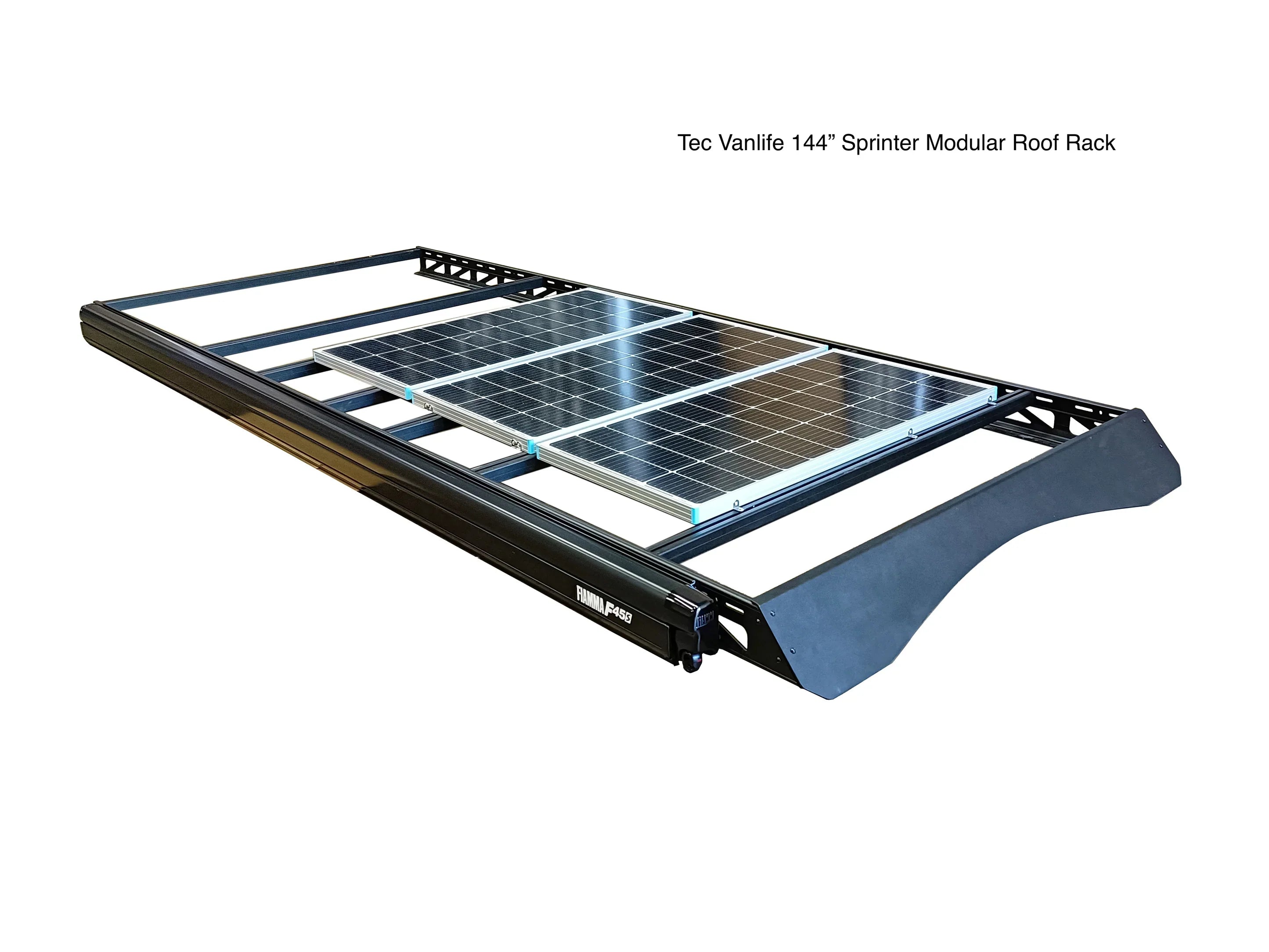 2007+ Mercedes Sprinter 144" High Roof Modular Roof Rack Studio Shot Front Angled View With Solar Panels