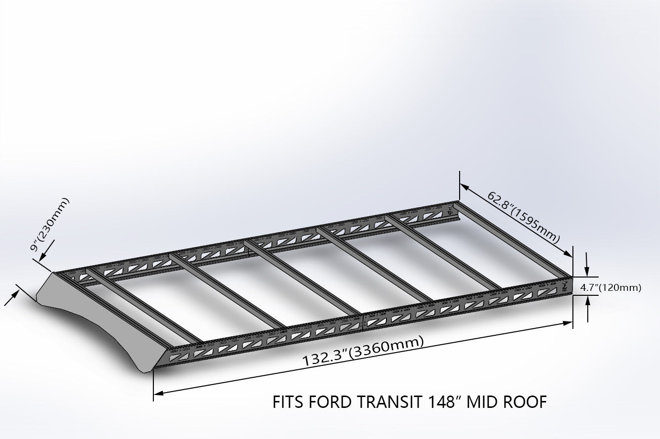 2015+ Ford Transit 148 Mid Roof Modular Roof Rack Rendered Angled Side View With Dimensions