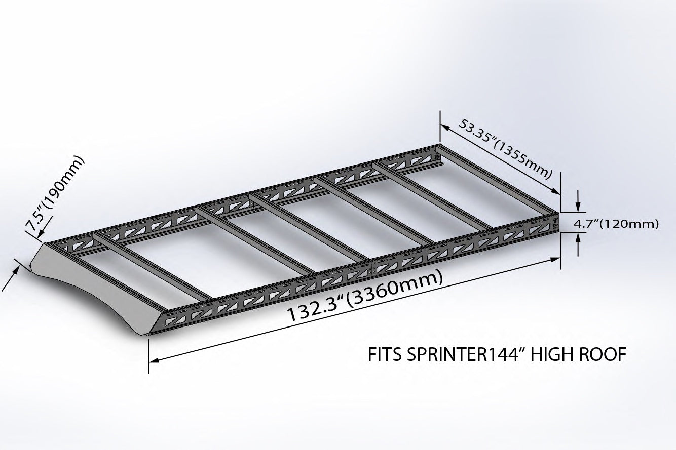 2007+ Mercedes Sprinter 144" High Roof Modular Roof Rack Rendered Angled View With Dimensions