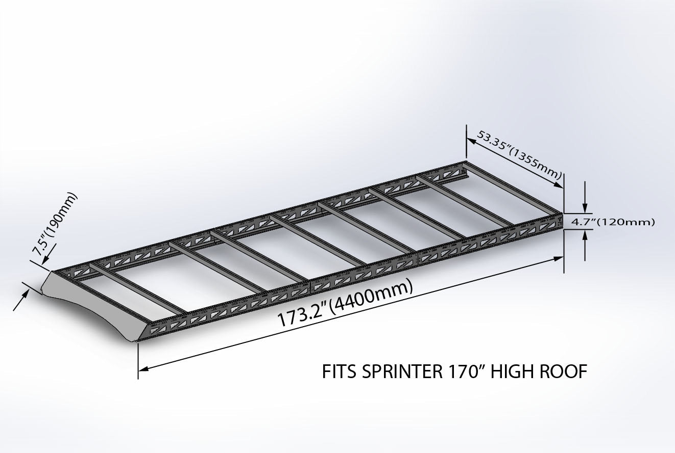 2007+ Mercedes Sprinter 170" High Roof Modular Roof Rack Rendered Angled View With Dimensions